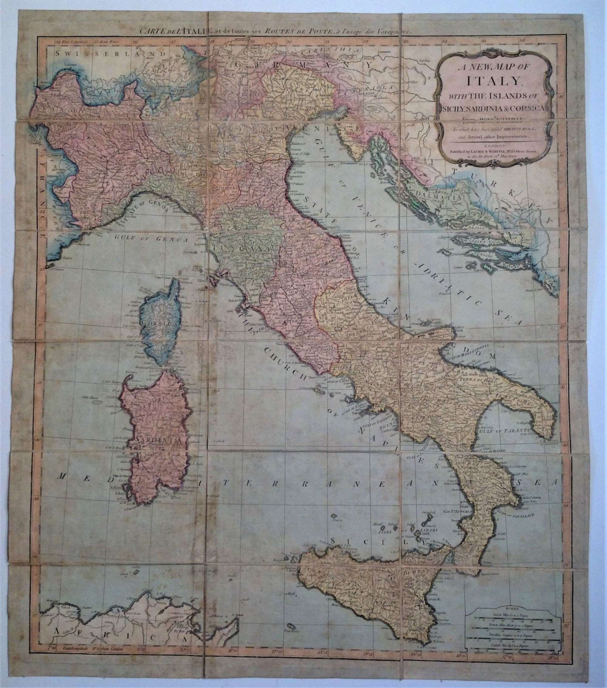 Antique Georgian Grand Tour Folding Map of Italy, Sicily, Sardinia etc