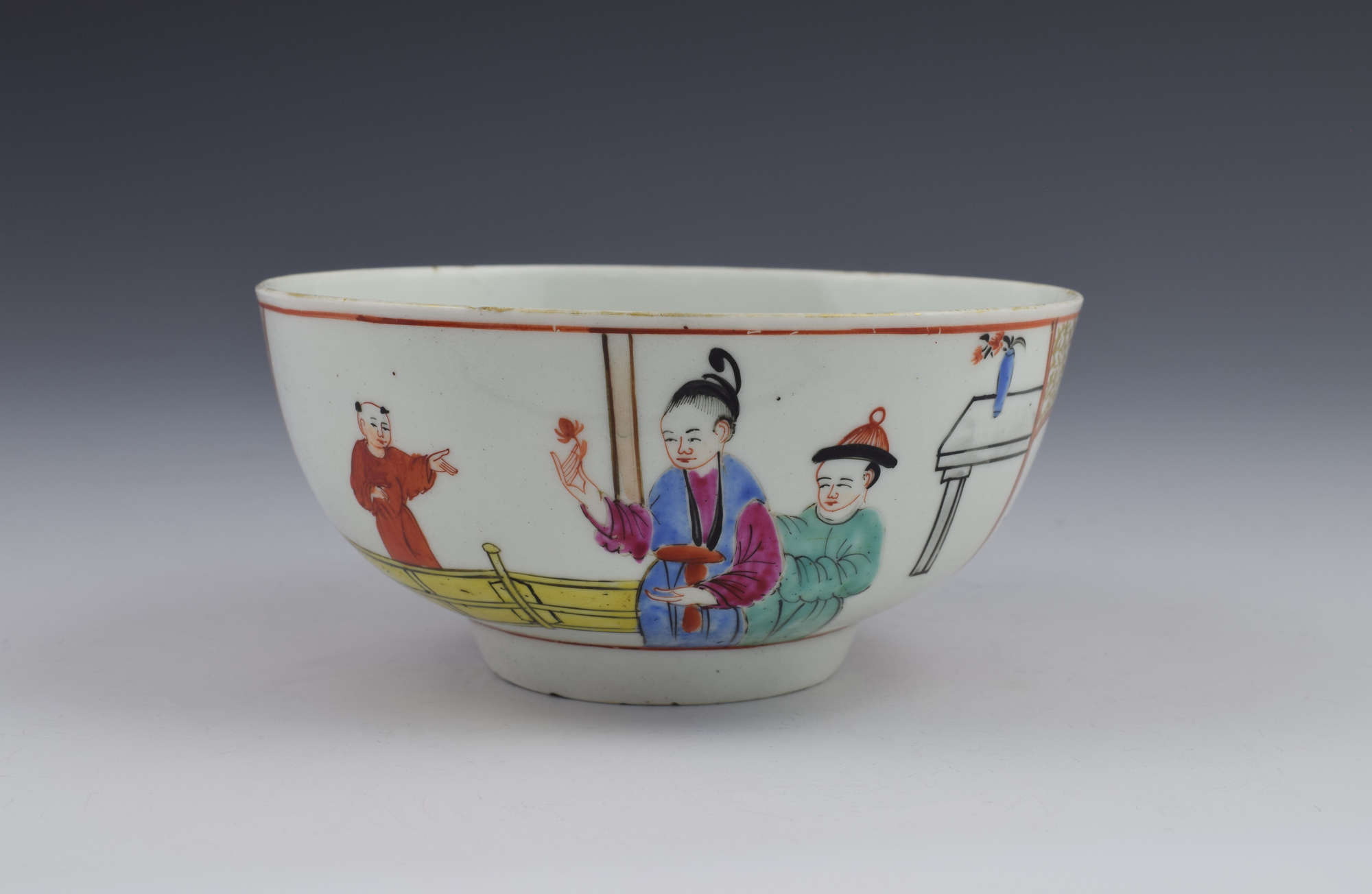 First Period Worcester Chinese Figures Slop Bowl Gentlemen's Mandarin