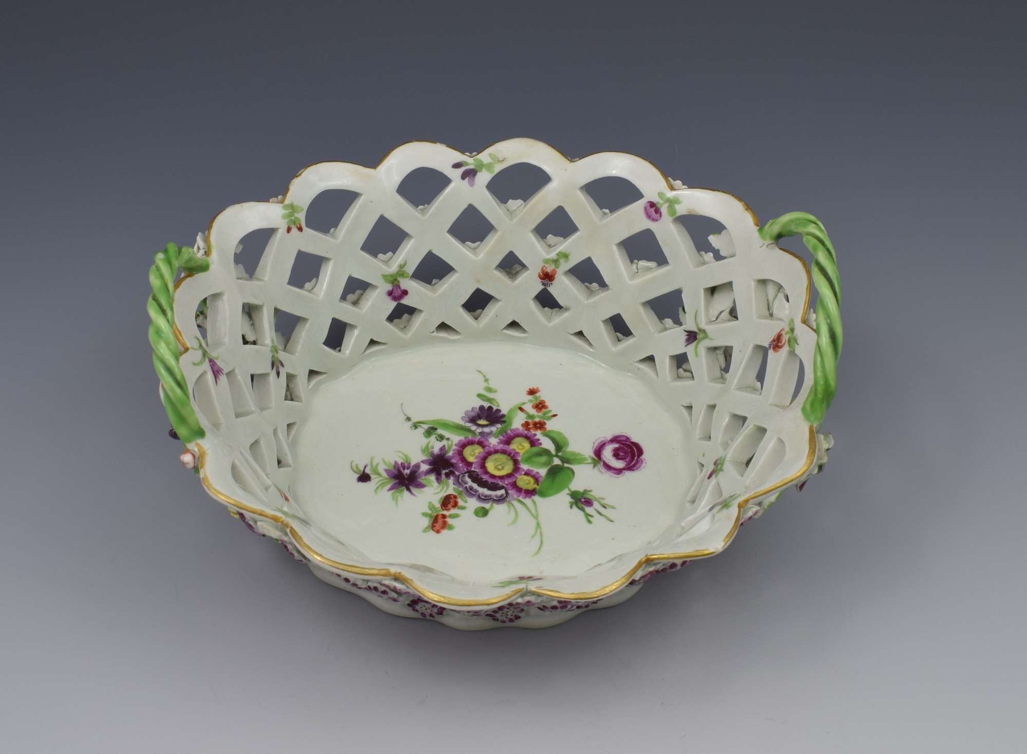 First Period Worcester Porcelain Polychrome Chestnut Basket c.1775