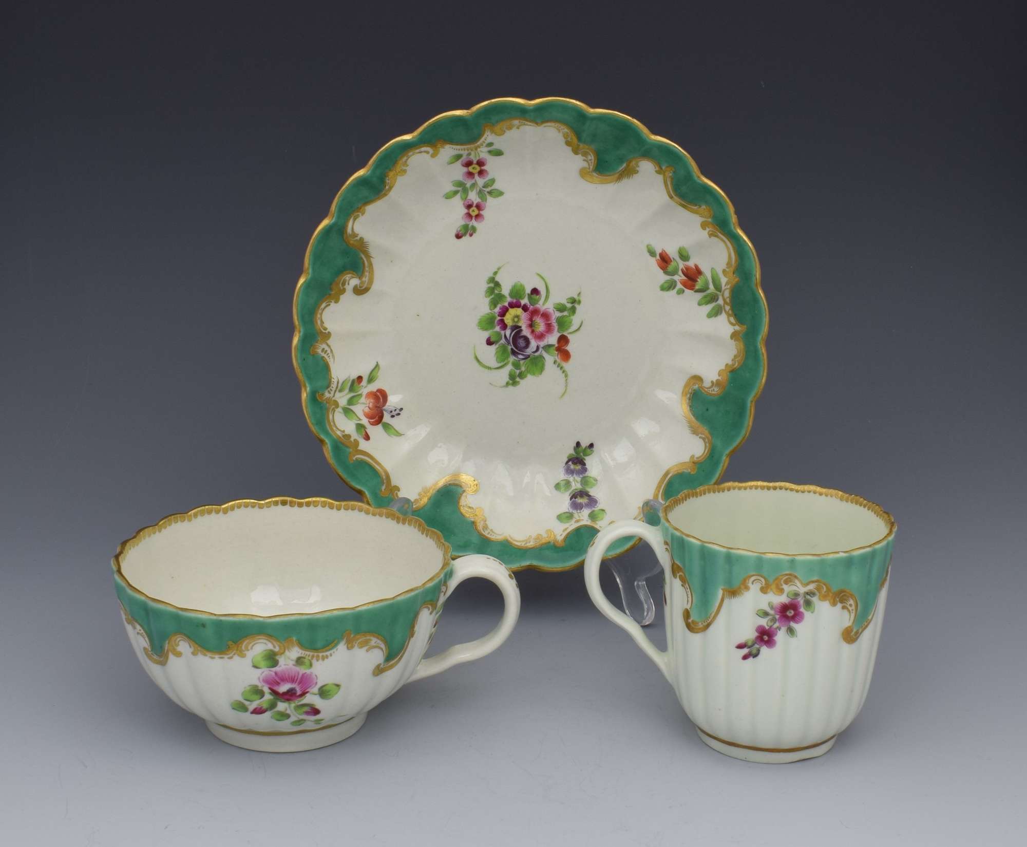 Rare First Period Worcester Apple Green & Polychrome Trio C.1770