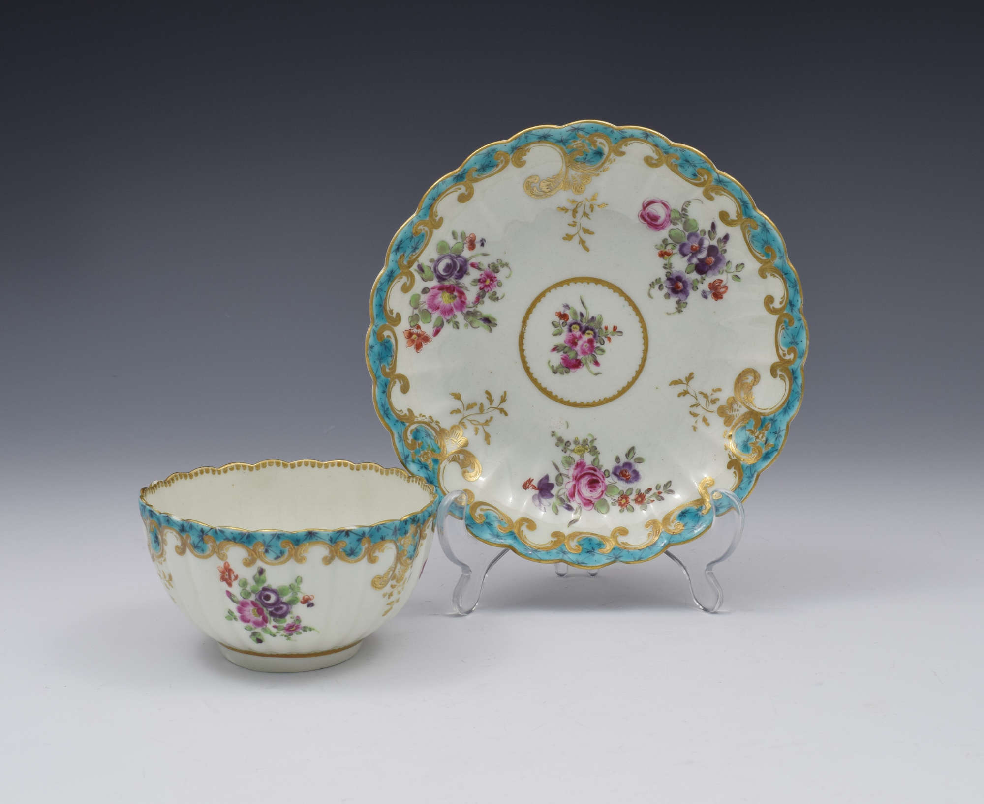 Pretty First Period Worcester Fluted Tea Bowl & Saucer C.1770