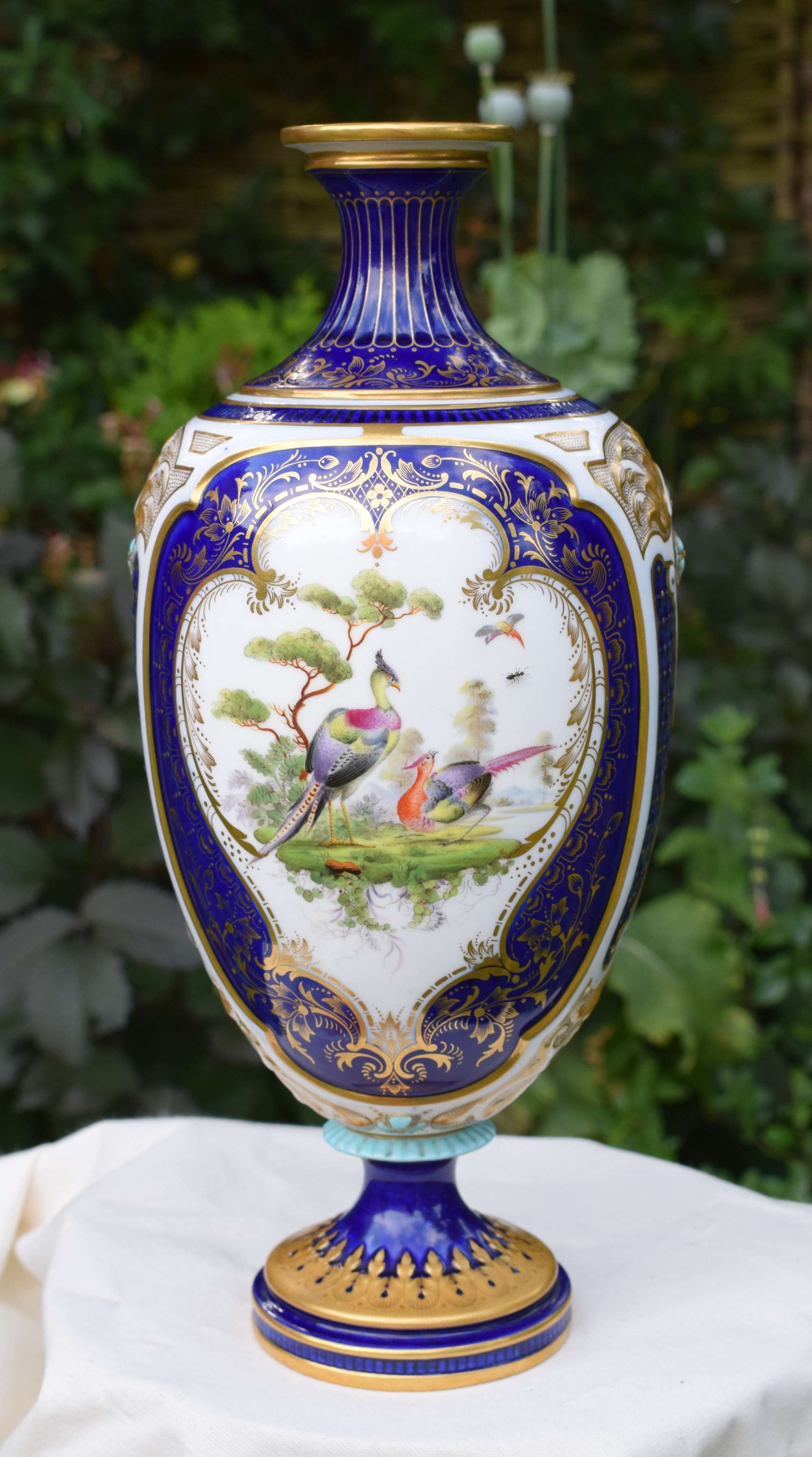 Large Victorian Royal Worcester Vase Blue Ground Asiatic Pheasants