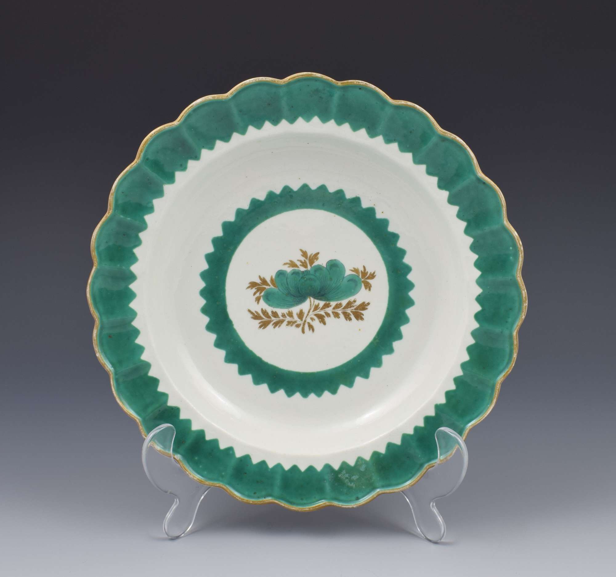 First Period Worcester Porcelain French Green Plate / Dish C.1770