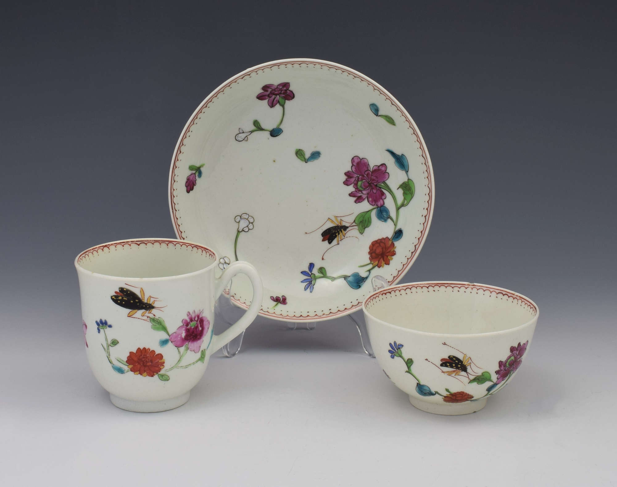 First Period Worcester Harvest Bug Pattern Trio Cup & Saucer C.1770