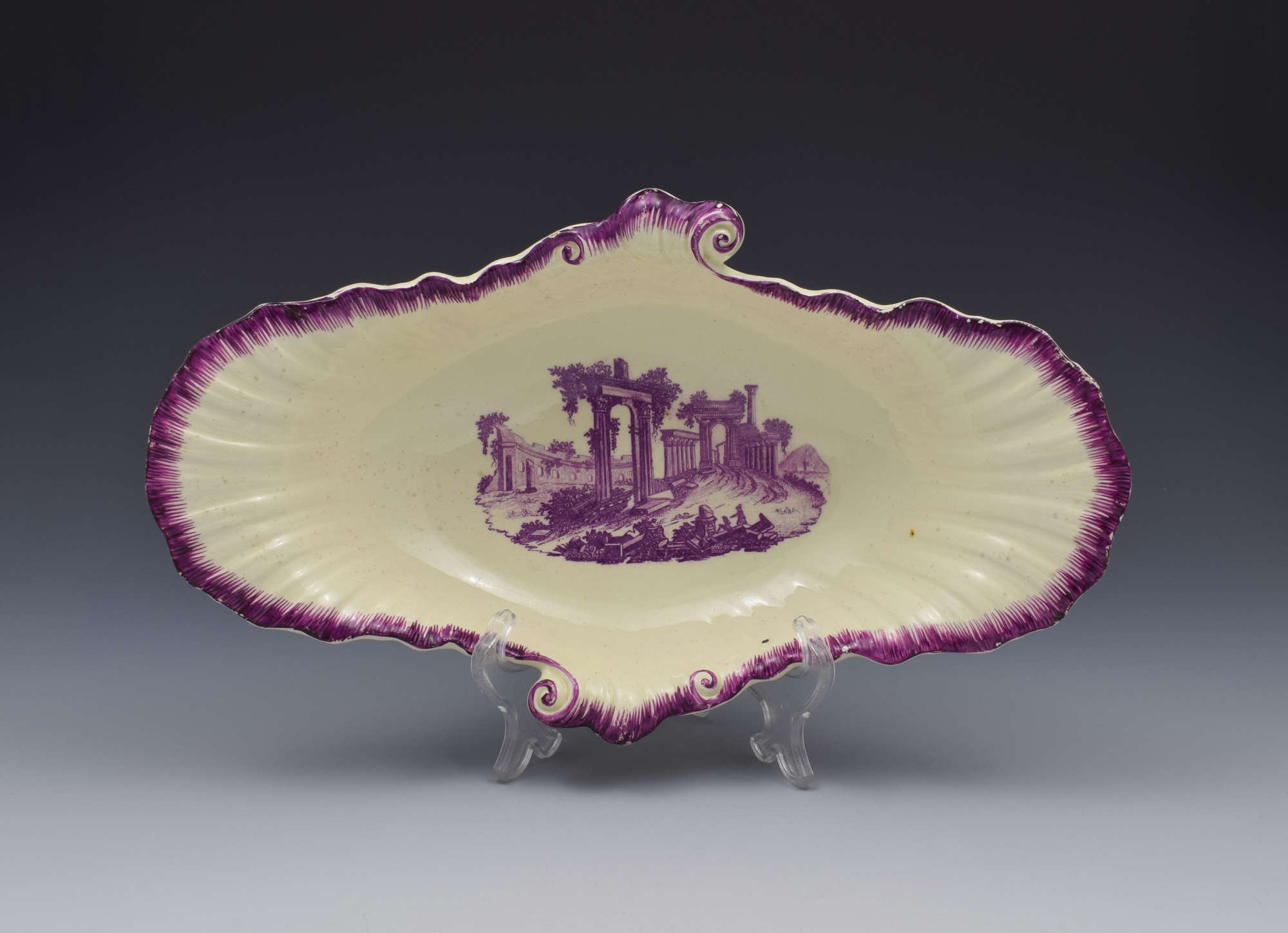 18th Century Neale & Co. Creamware Shell Dessert Dish Classical Ruins