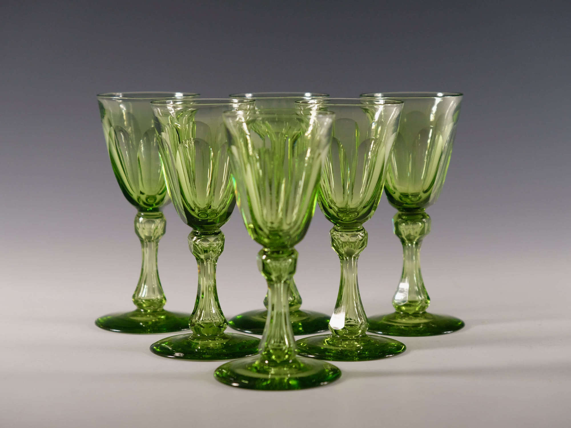 Set of six antique wine glasses apple green English c1850