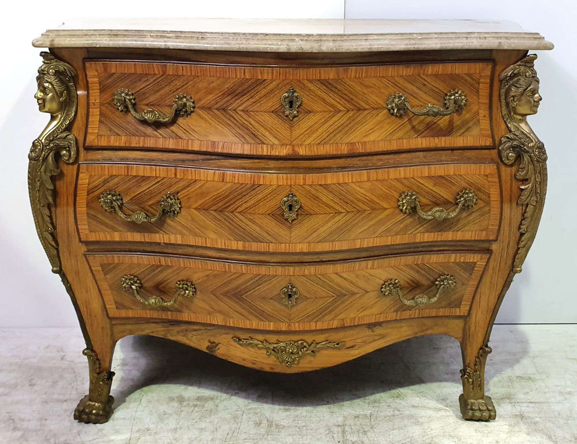 Mid 20th Century French Marble Top Kingwood And Tulipwood Commode