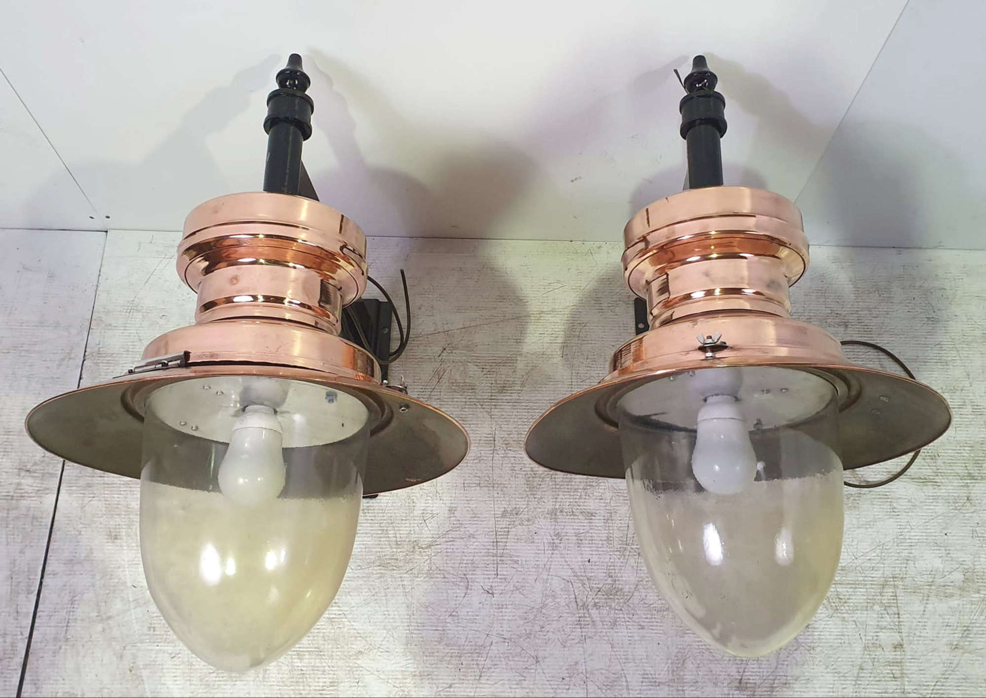 Rare Pair Of 20th Century Copper Lanterns With Metal Hanging Bracket