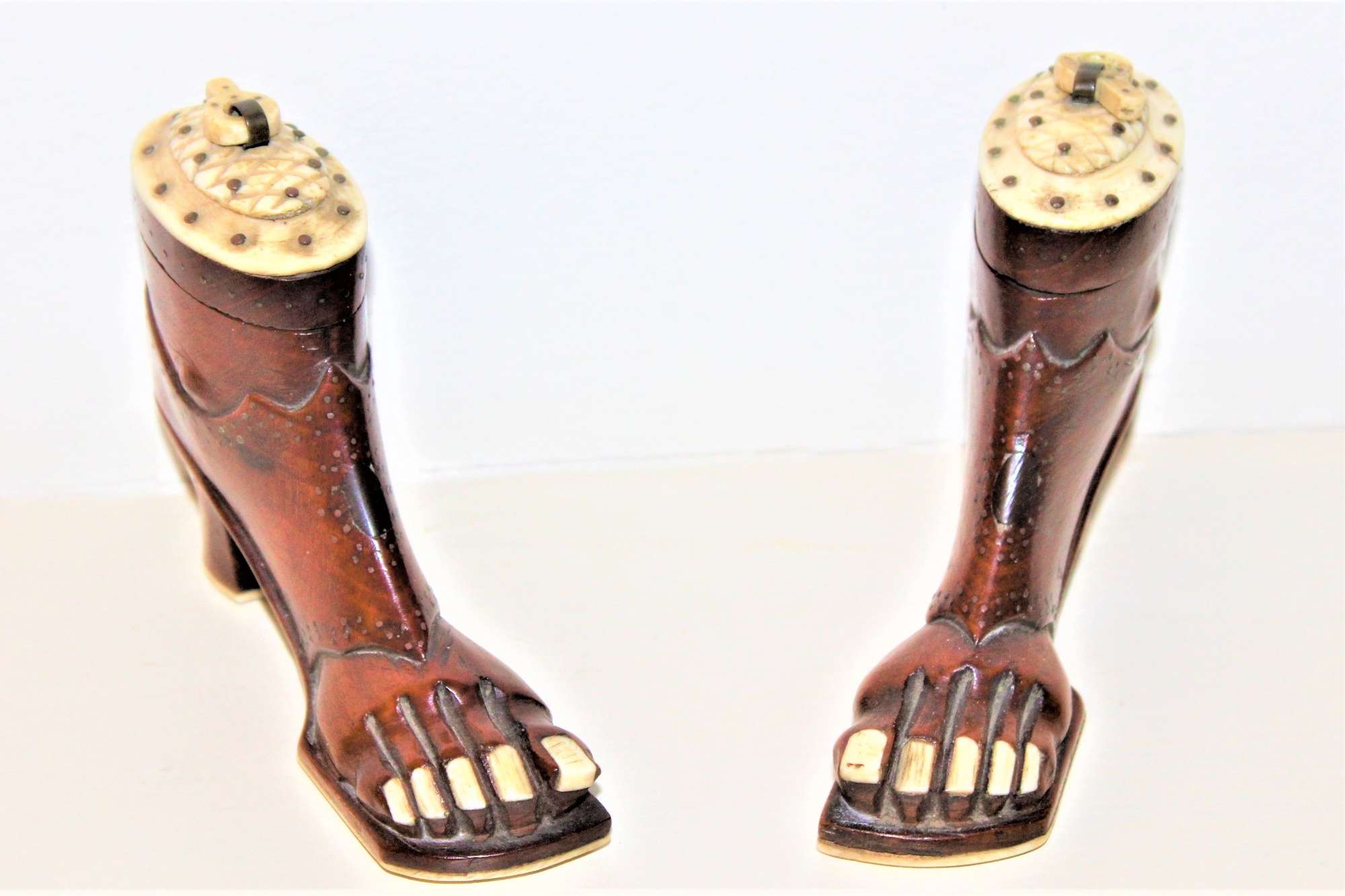 A Pair Of Well Carved Wood And Bone Snuff Shoes Circa 1880