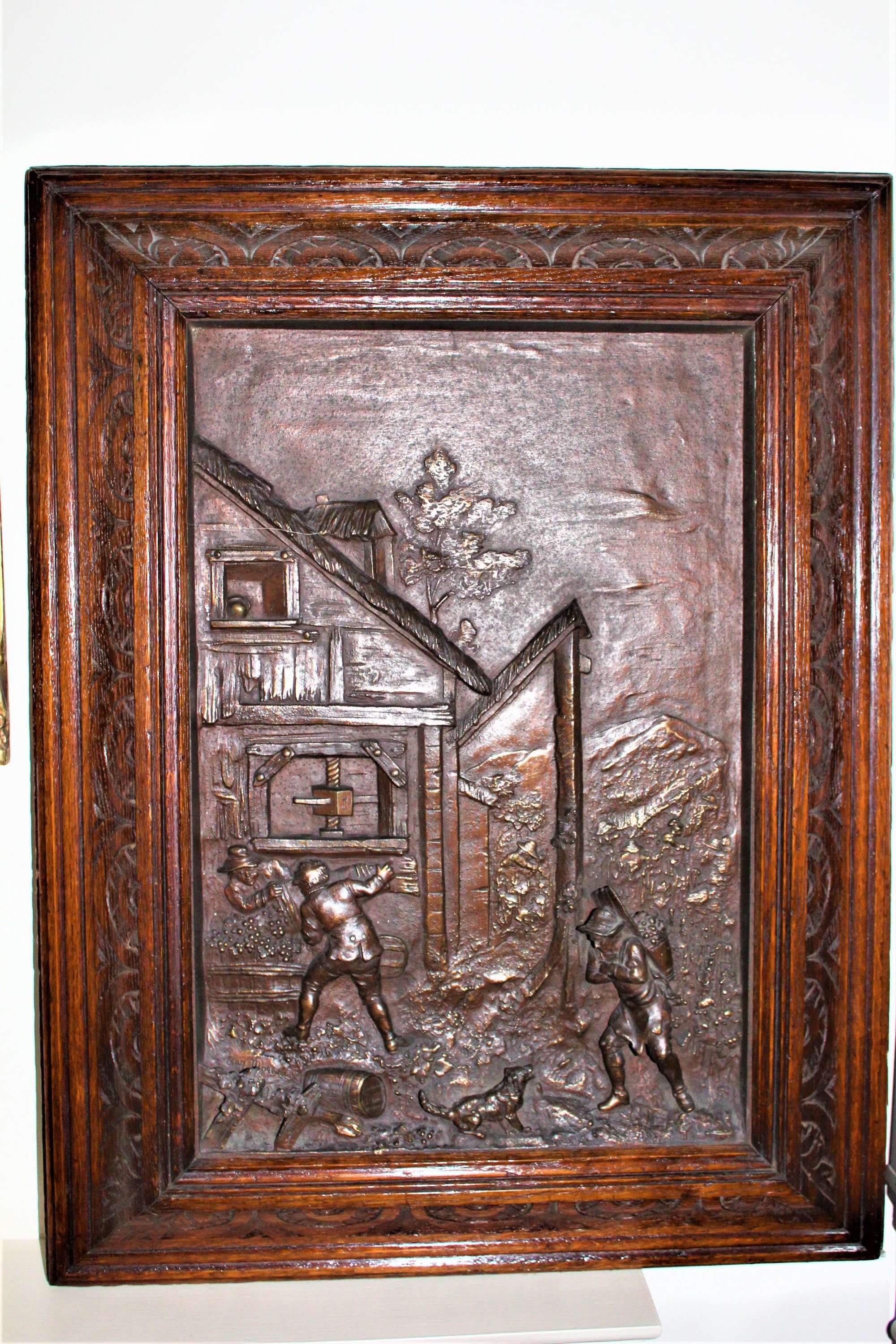 A Very Large And Rare Bronze Plaque In A Carved Wood Frame