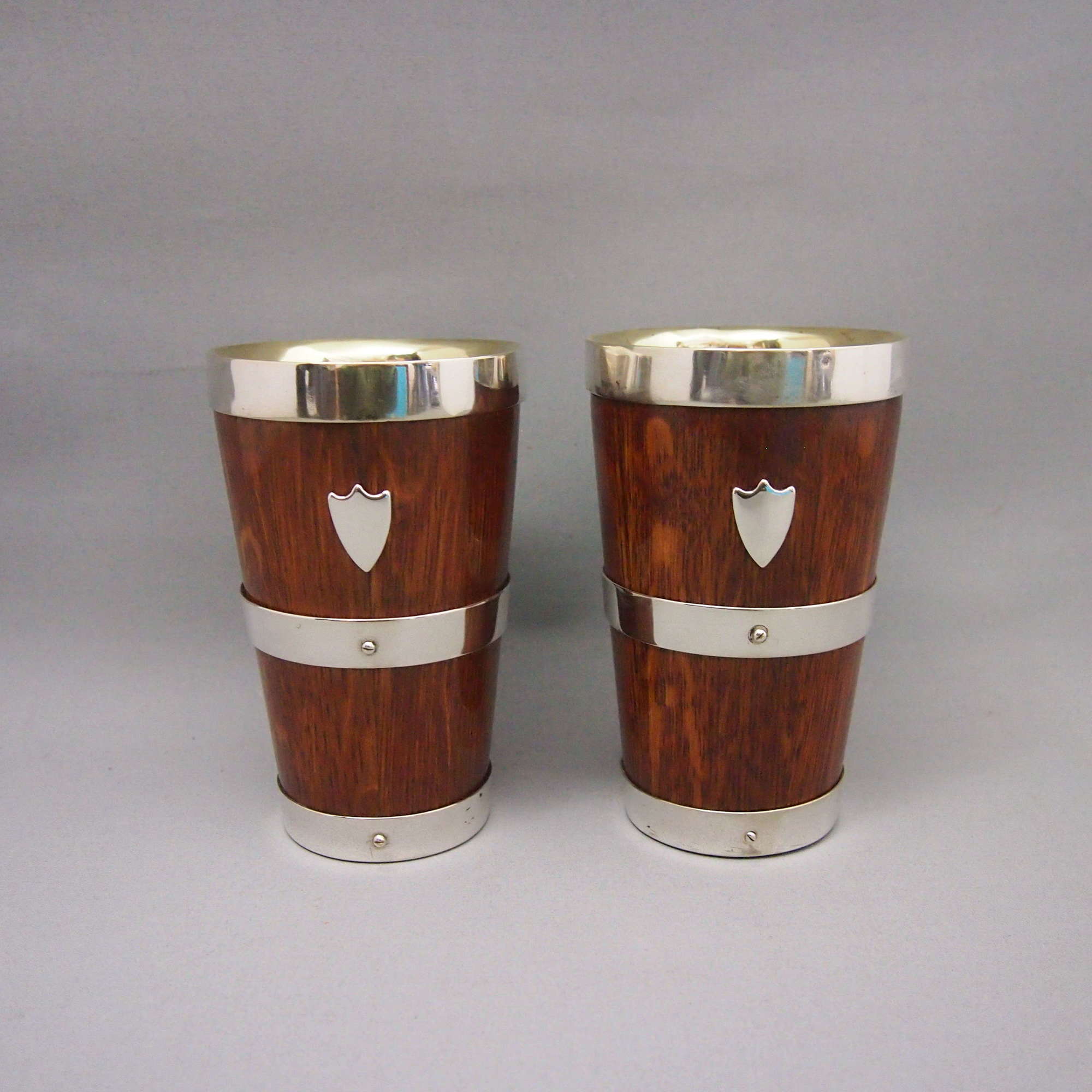 Pair of Antique Oak & Silver Plated beakers W8645