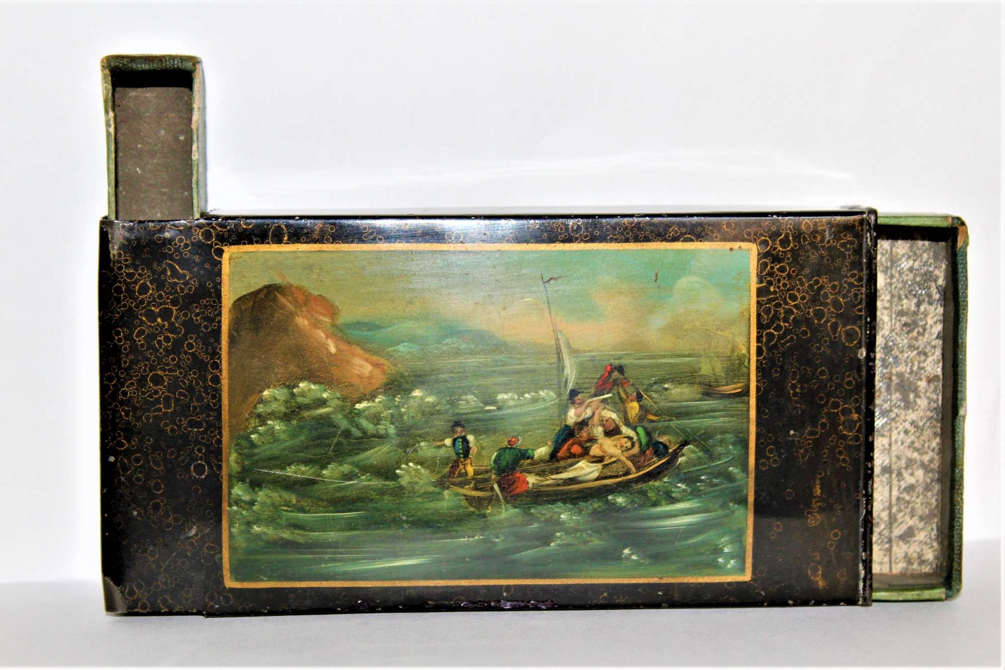 A Finely Painted Tole Ware Tobacco Box With Vesta And Striker