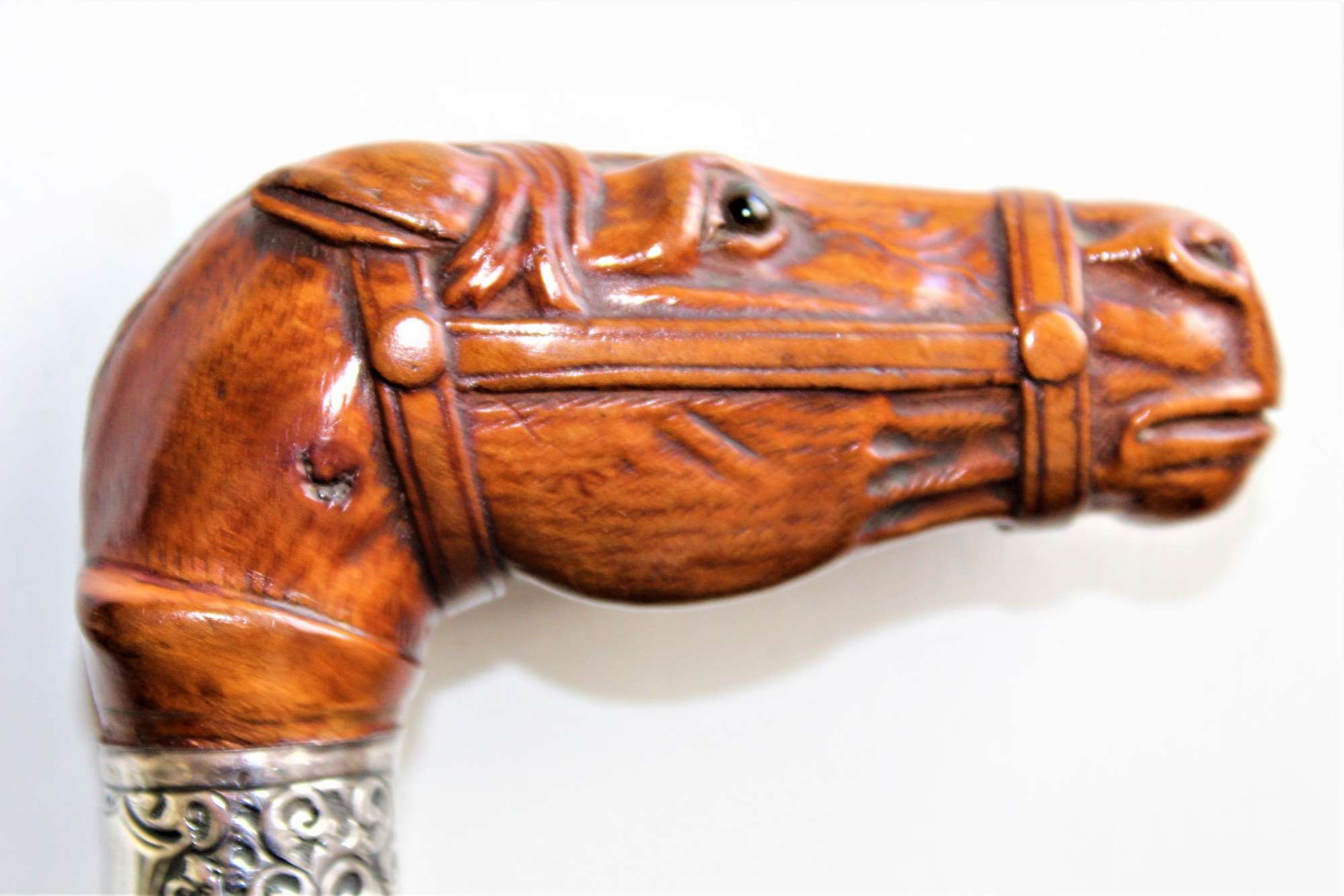 Well Carved Fruitwood Walking Stick Of A Horses Head With Glass Eyes