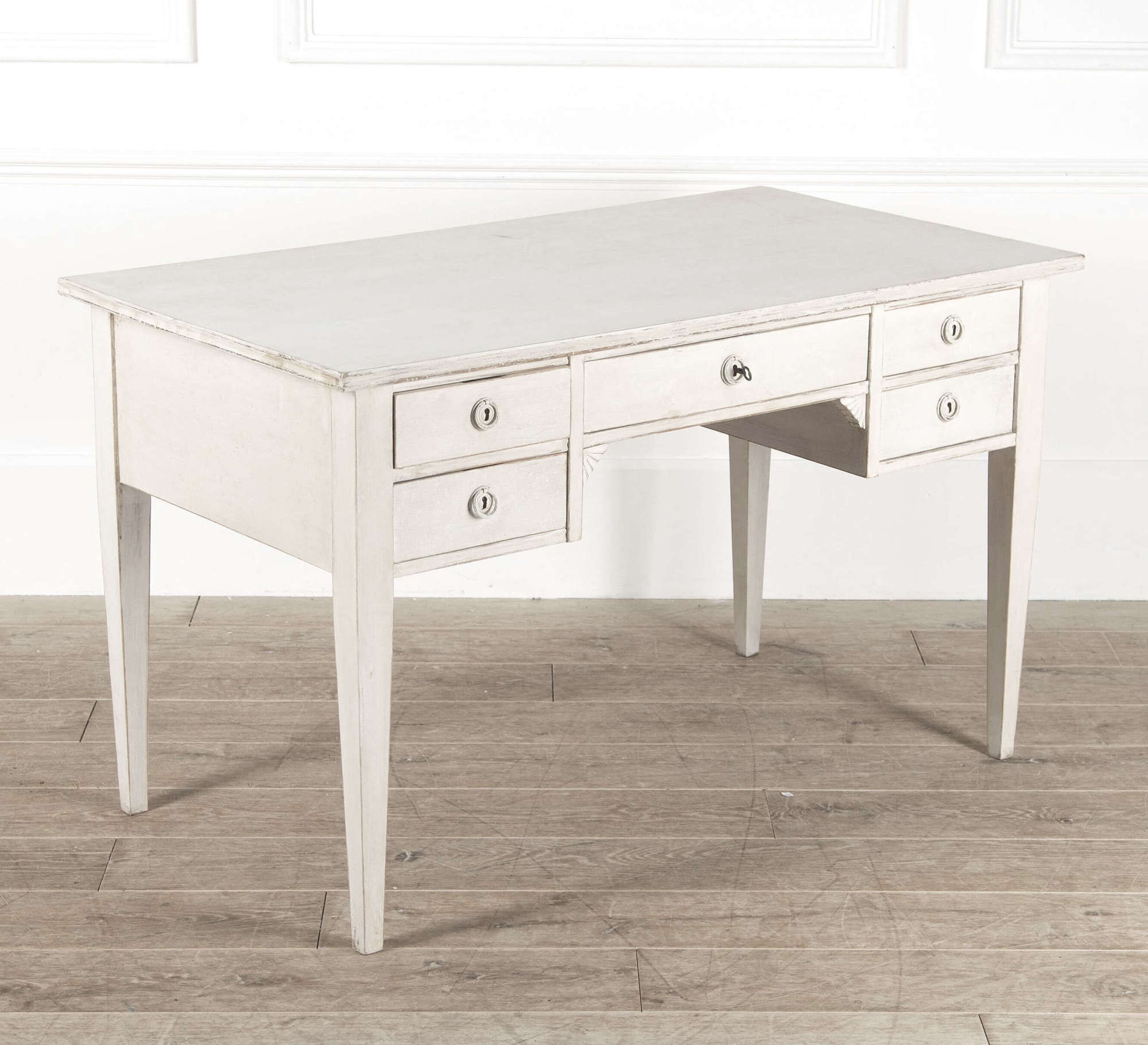 Large Swedish Desk with 5 drawers - white limewash finish - circa 1930