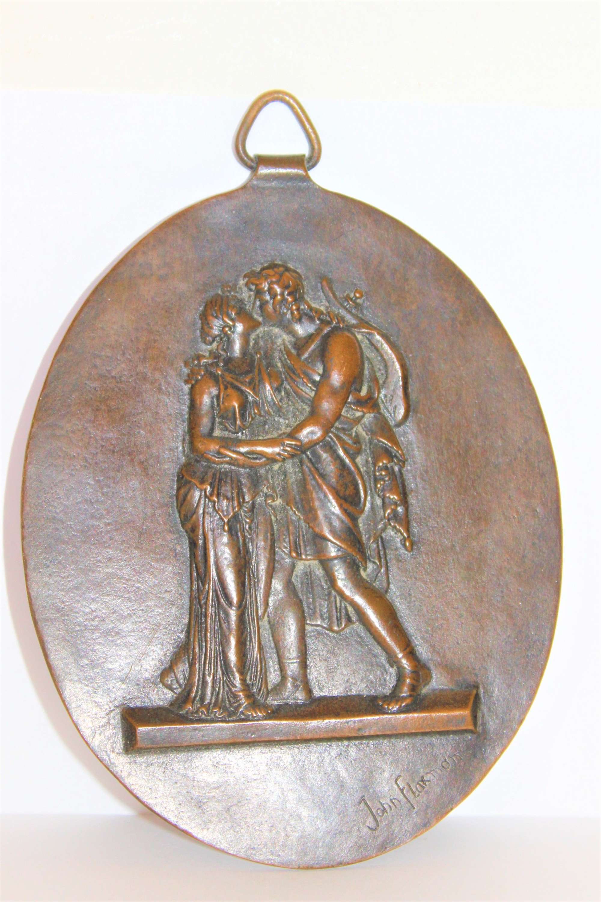 A Fine Oval Bronze Plaque Of A Classical Scene Signed John Flaxman