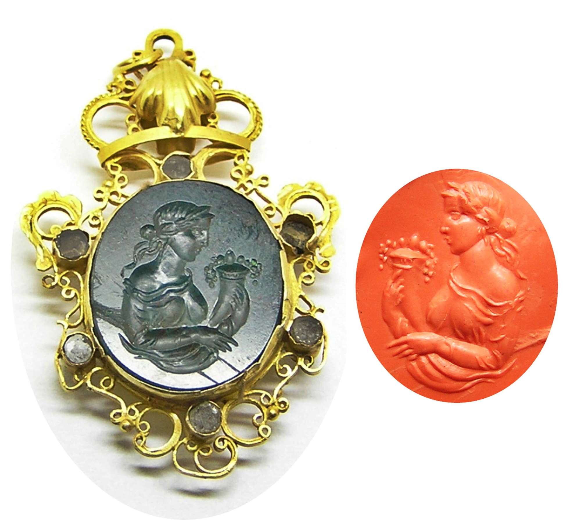 Renaissance Revival agate intaglio of Fortuna in 18k gold pendant