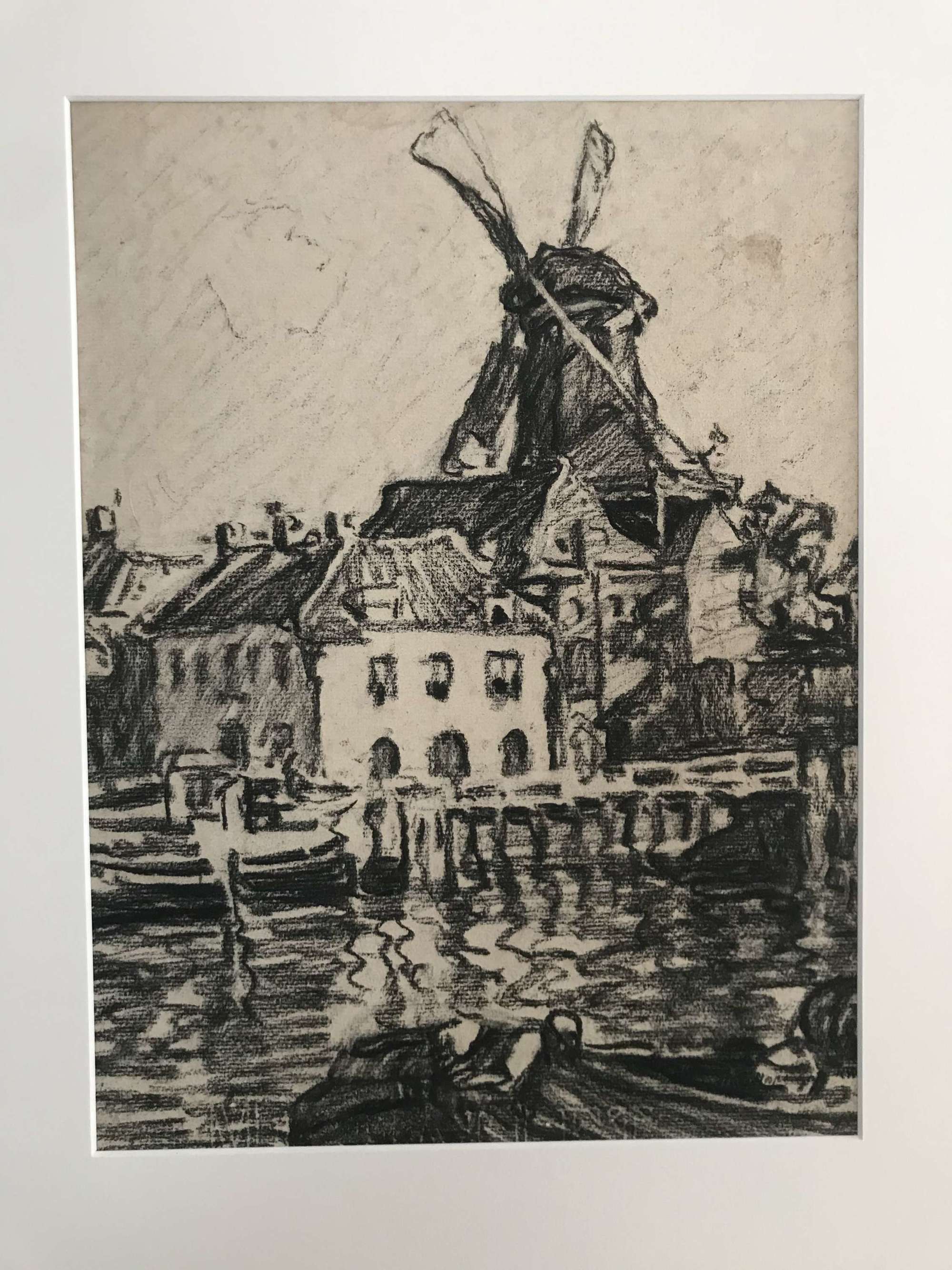 Charcoal sketch of a Dutch canal side scene circa 1910