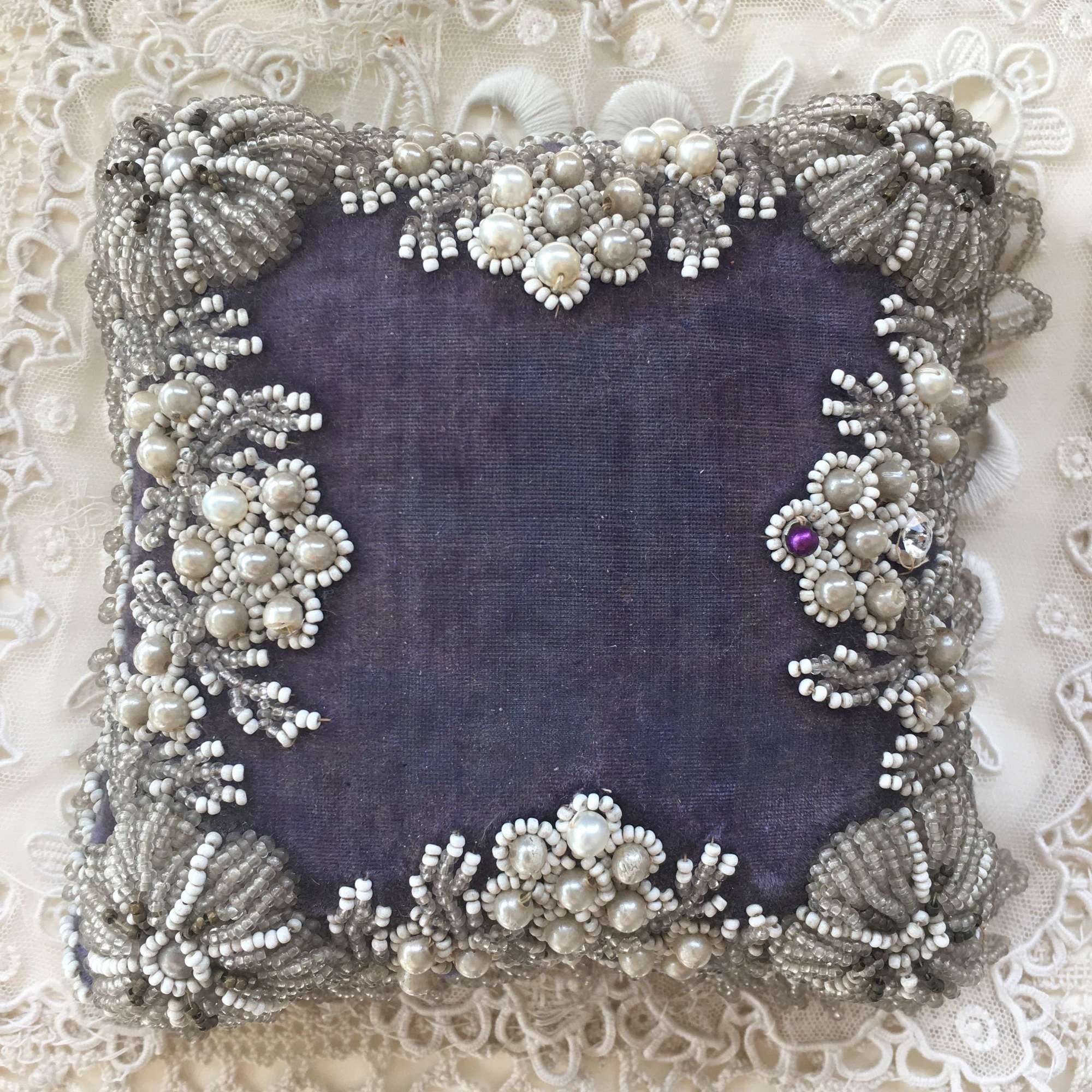 Antique velvet & silk beaded pincushion