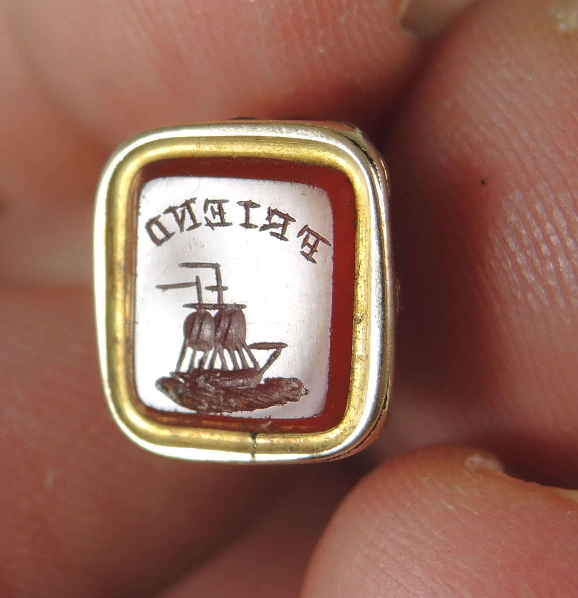 Victorian gilt cased seal set with a FRIEND SHIP intaglio c1850