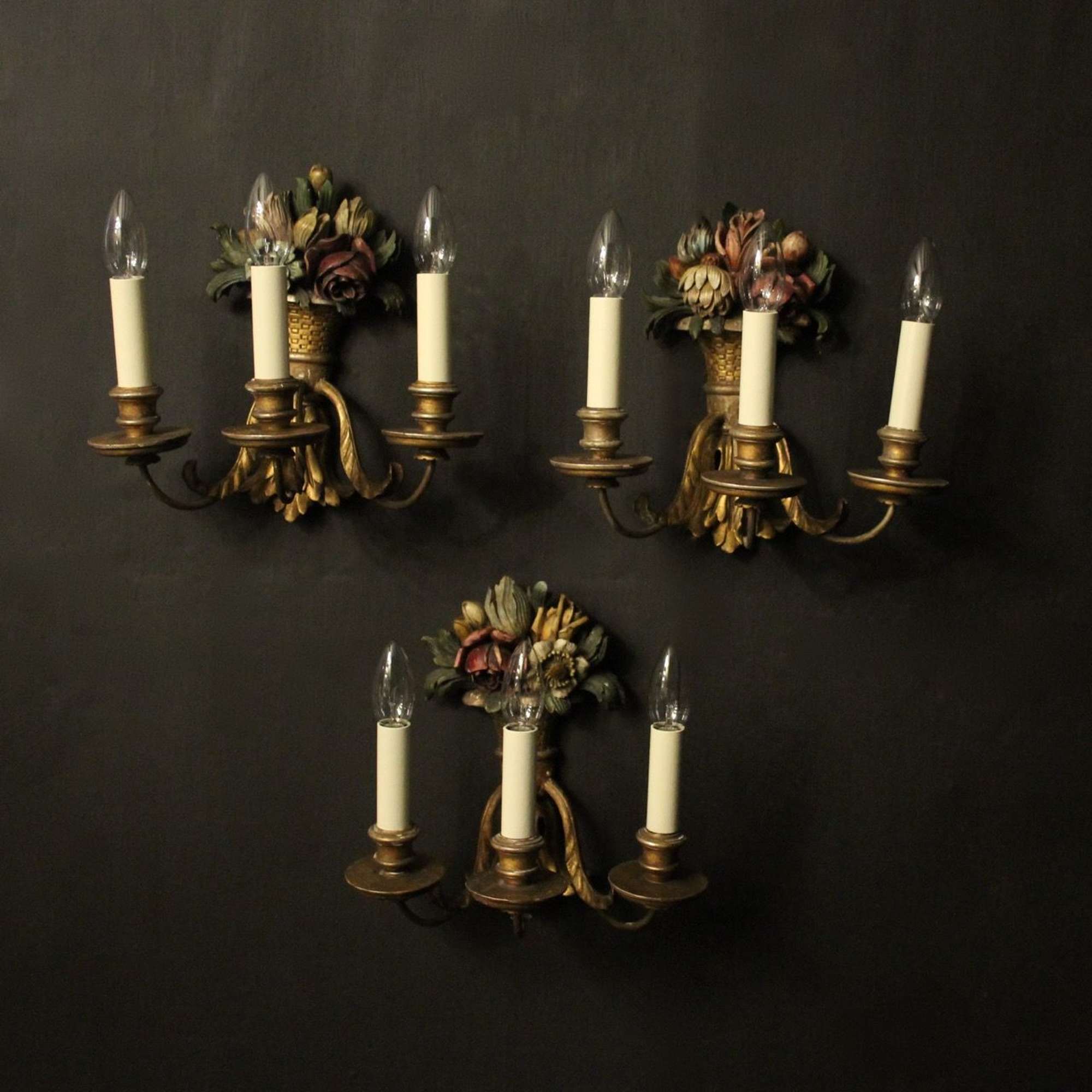 French Set Of Three Polychrome Wall Lights
