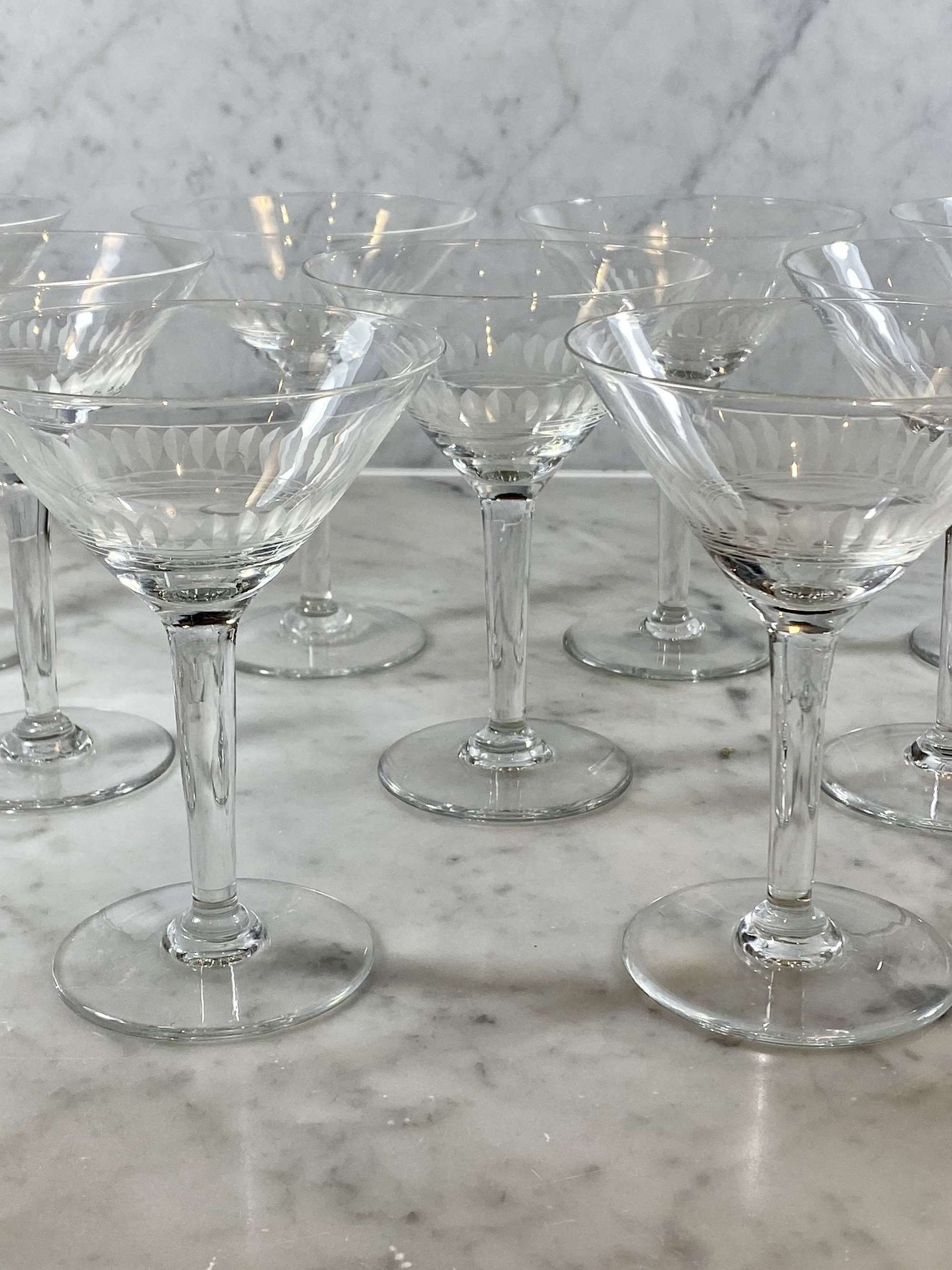 Set of 9 pretty etched crystal Martini cocktail glasses