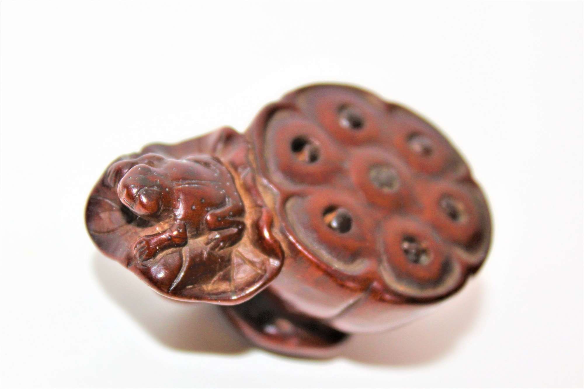 Finely Carved Boxwood Netsuke Of A Lotus Seed Pod With A Toad