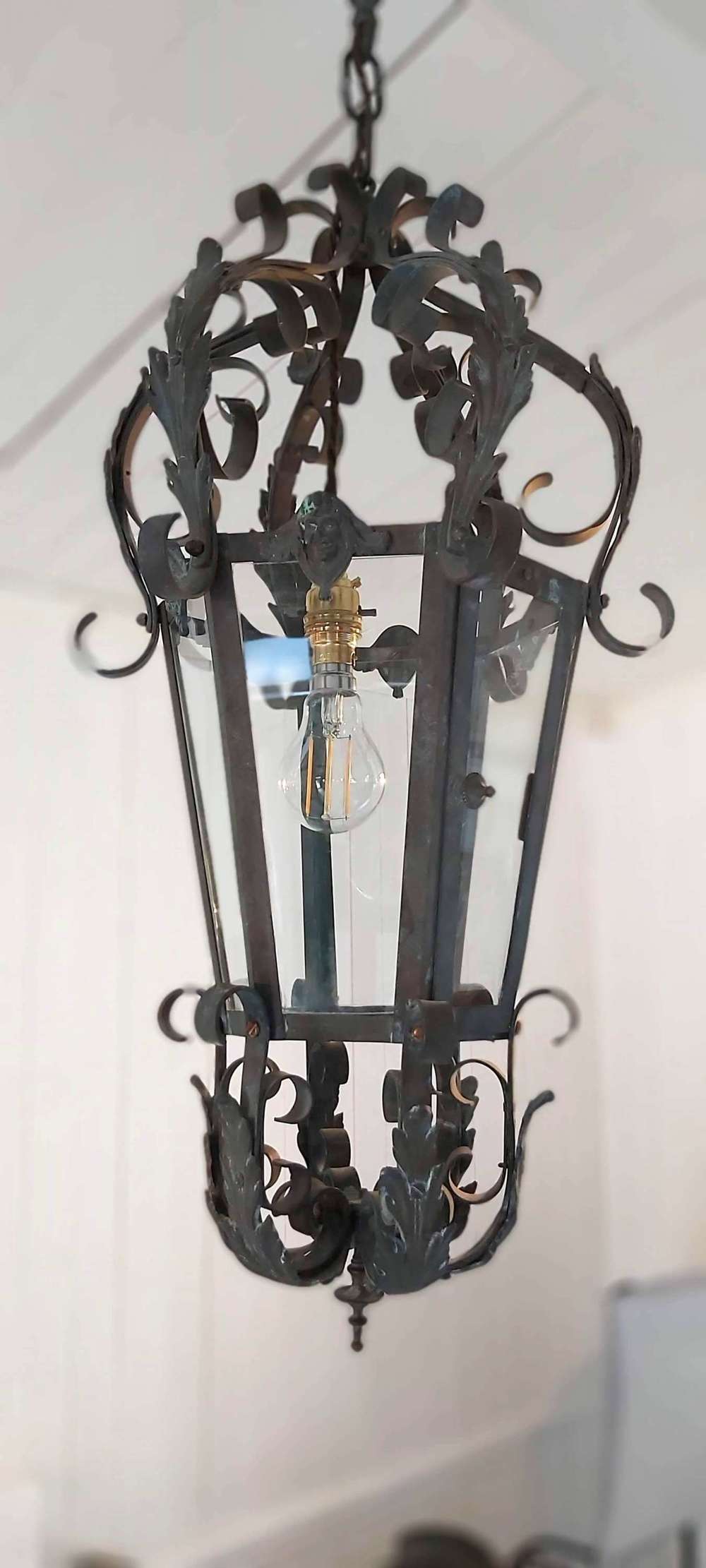19th Century French Bronze Hall Lantern with Mascaron masks