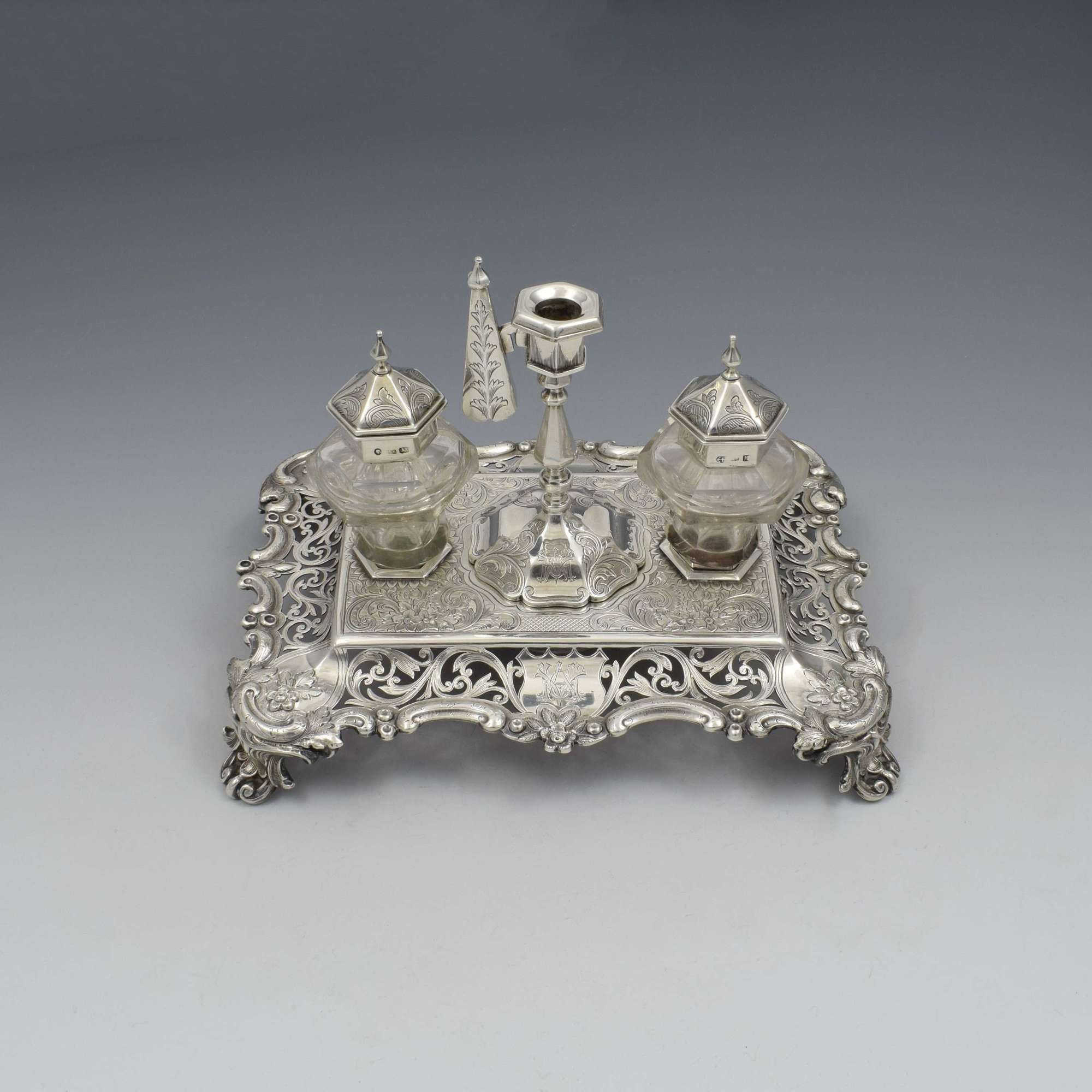 Antique Victorian Silver Double Inkstand With Taperstick & Stamp Box