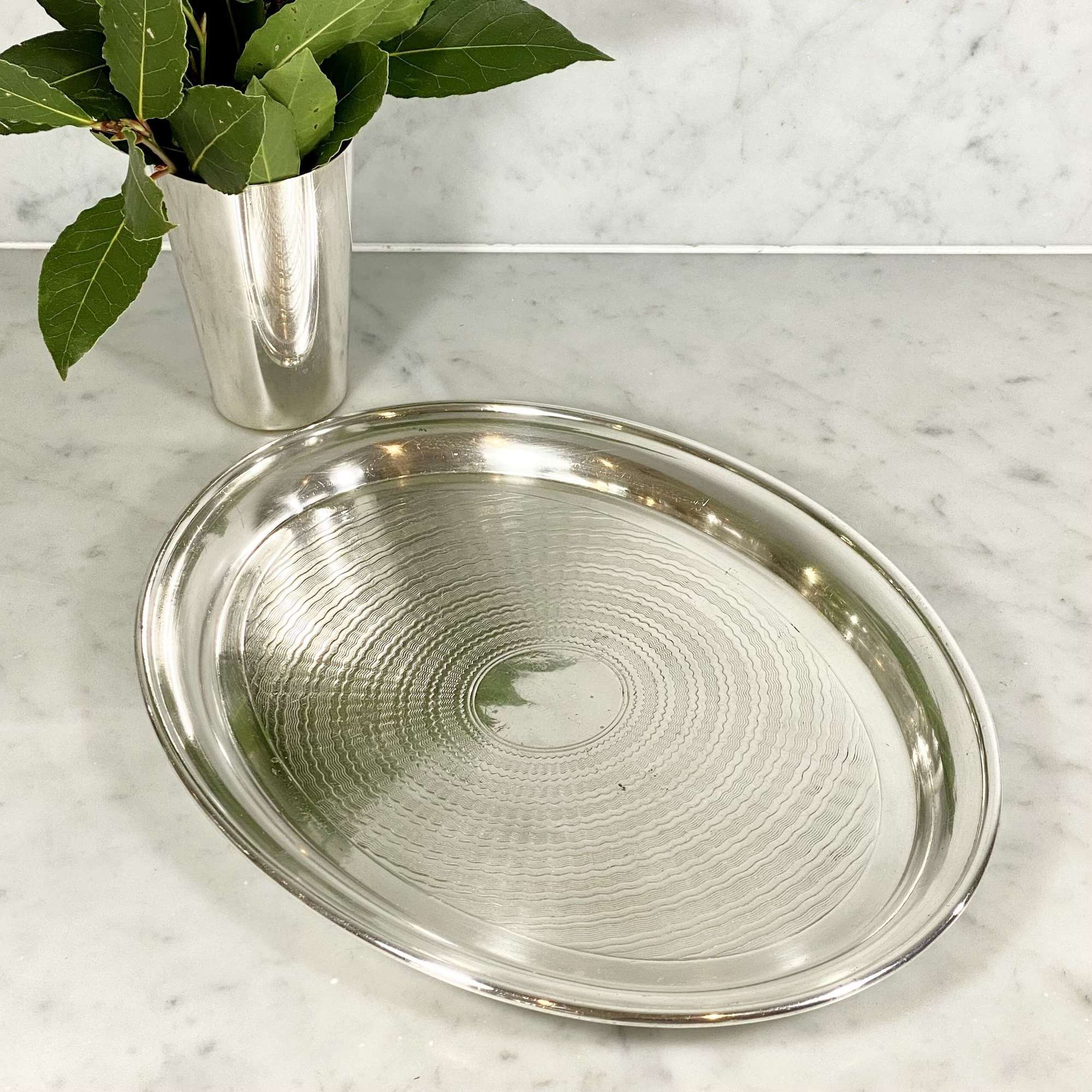 English Art Deco silver plated engine turned oval cocktail tray