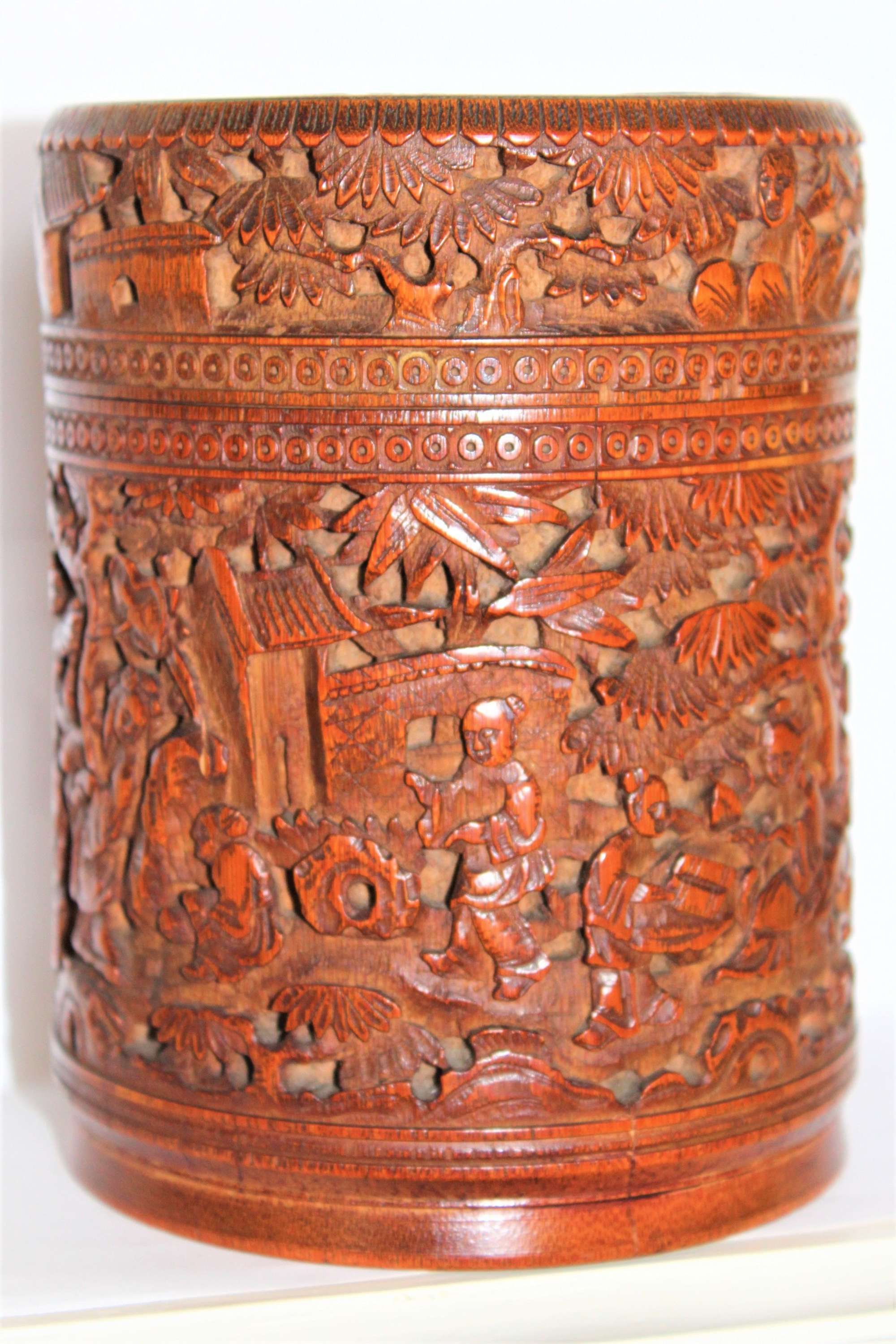 A Finely Carved Chinese Bamboo Circular Lidded Box Profusely Carved
