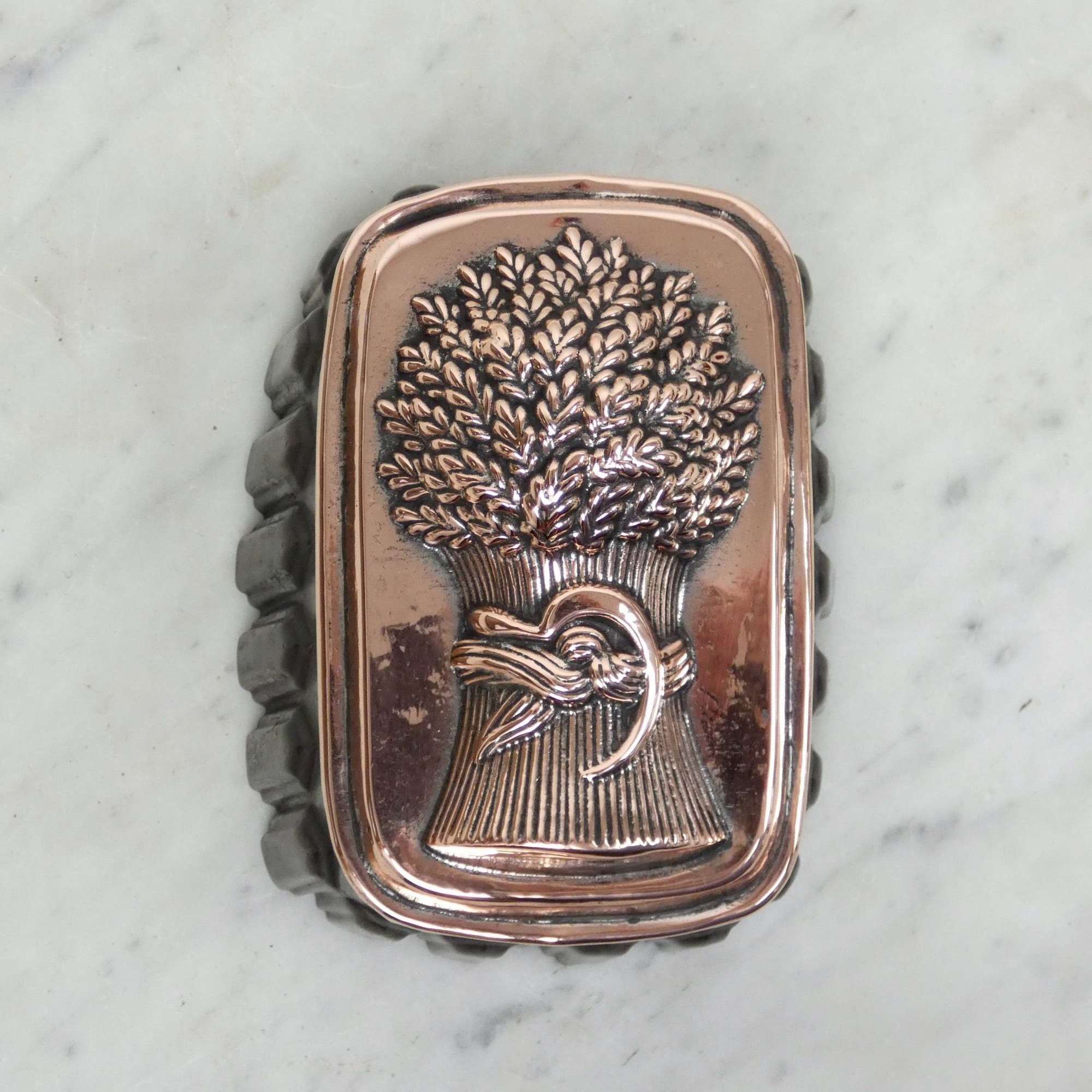 Copper & tin jelly mould with wheatsheaf