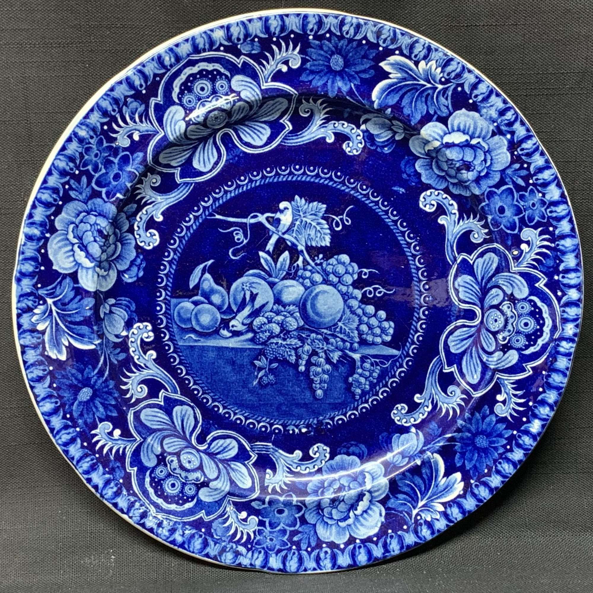 Early Staffordshire Dark Blue Transferware Plate ~ Fruit and Flowers 1