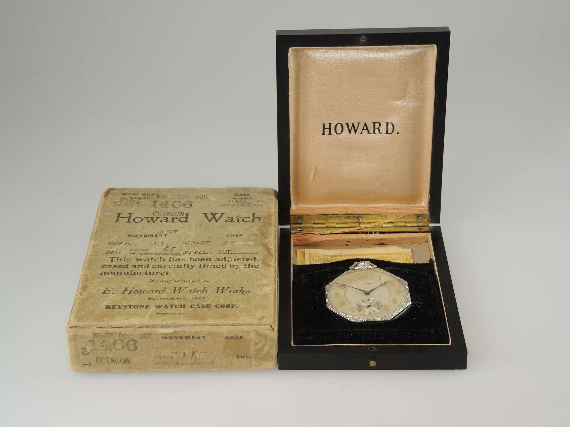 Unused 14K white gold Howard pocket watch with original boxes c1923