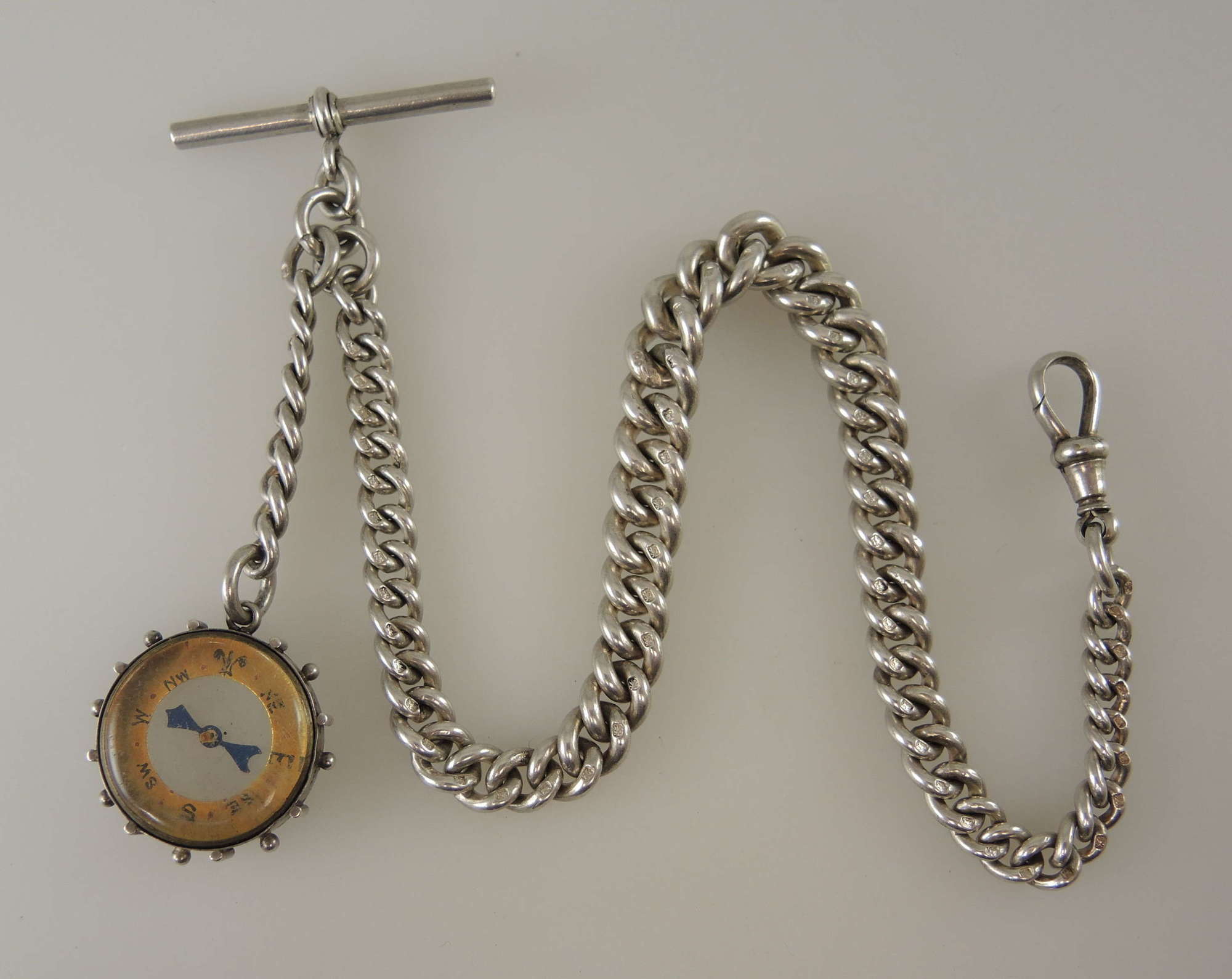 English Silver Albert Watch Chain with Compass Fob. Birmingham 1897