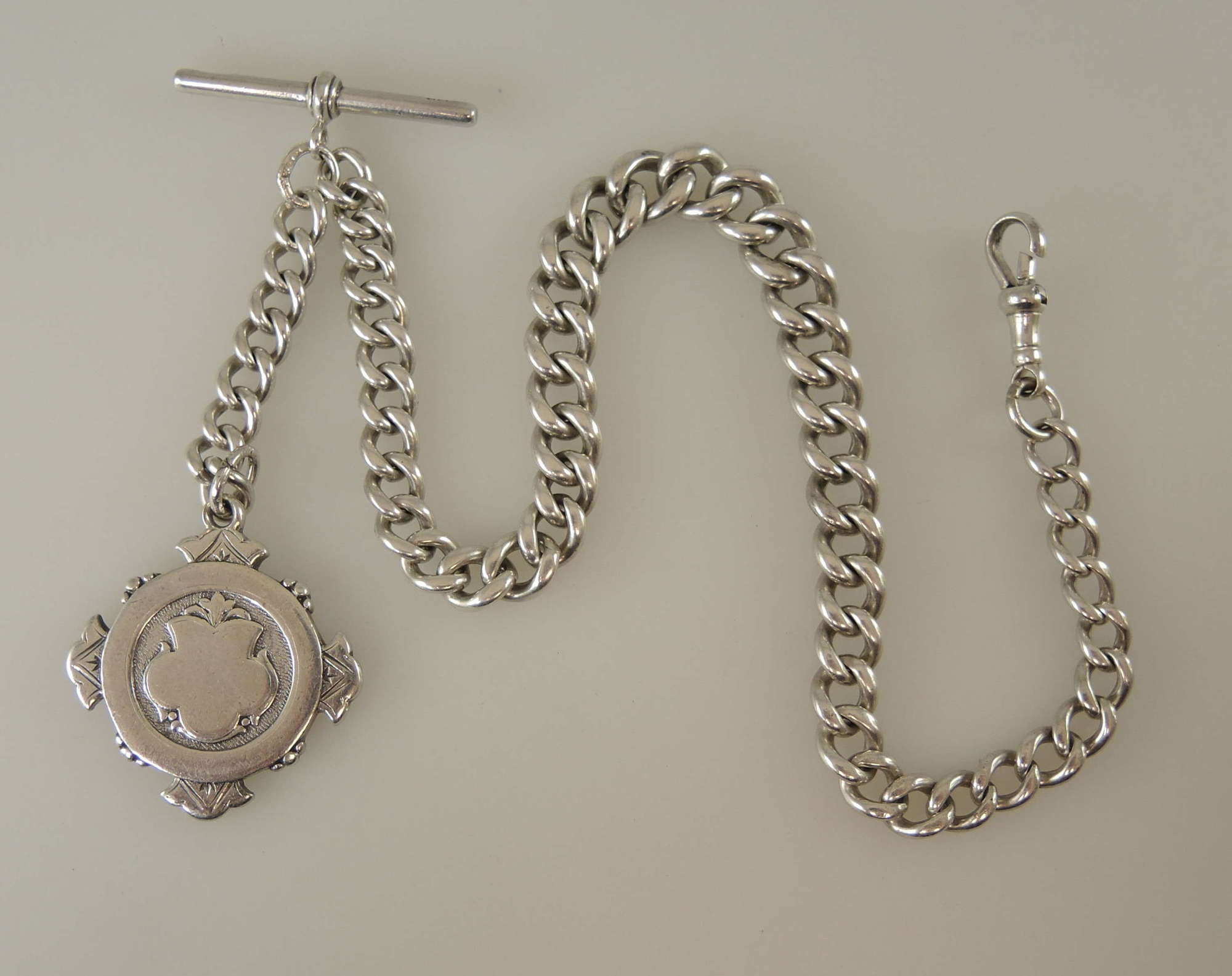 Heavy English silver watch chain and fob. Birmingham 1900