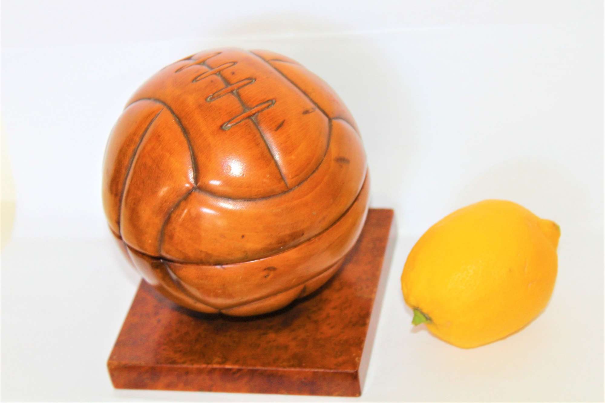 An Unusual French Carved Wood Box Modelled As A Football