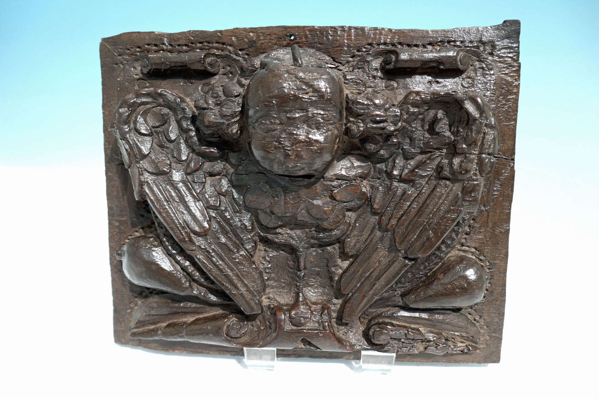Antique Elizabethan 16thc Oak Carved Winged Angel Panel. English C1560