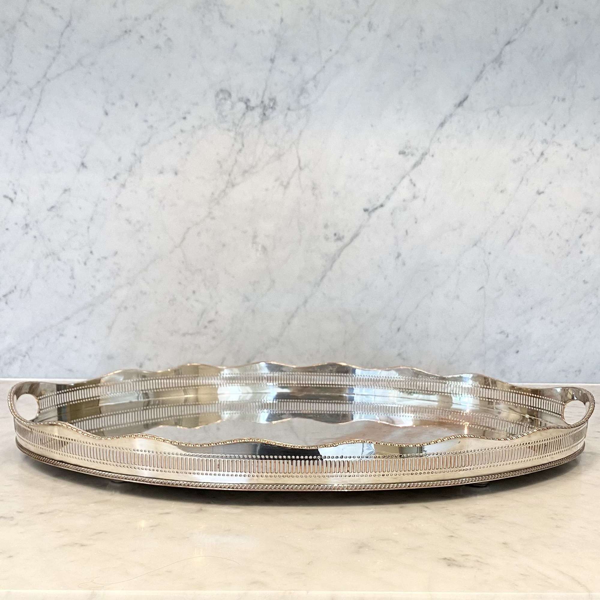 Extra large oval silver plated gallery rim serving tray