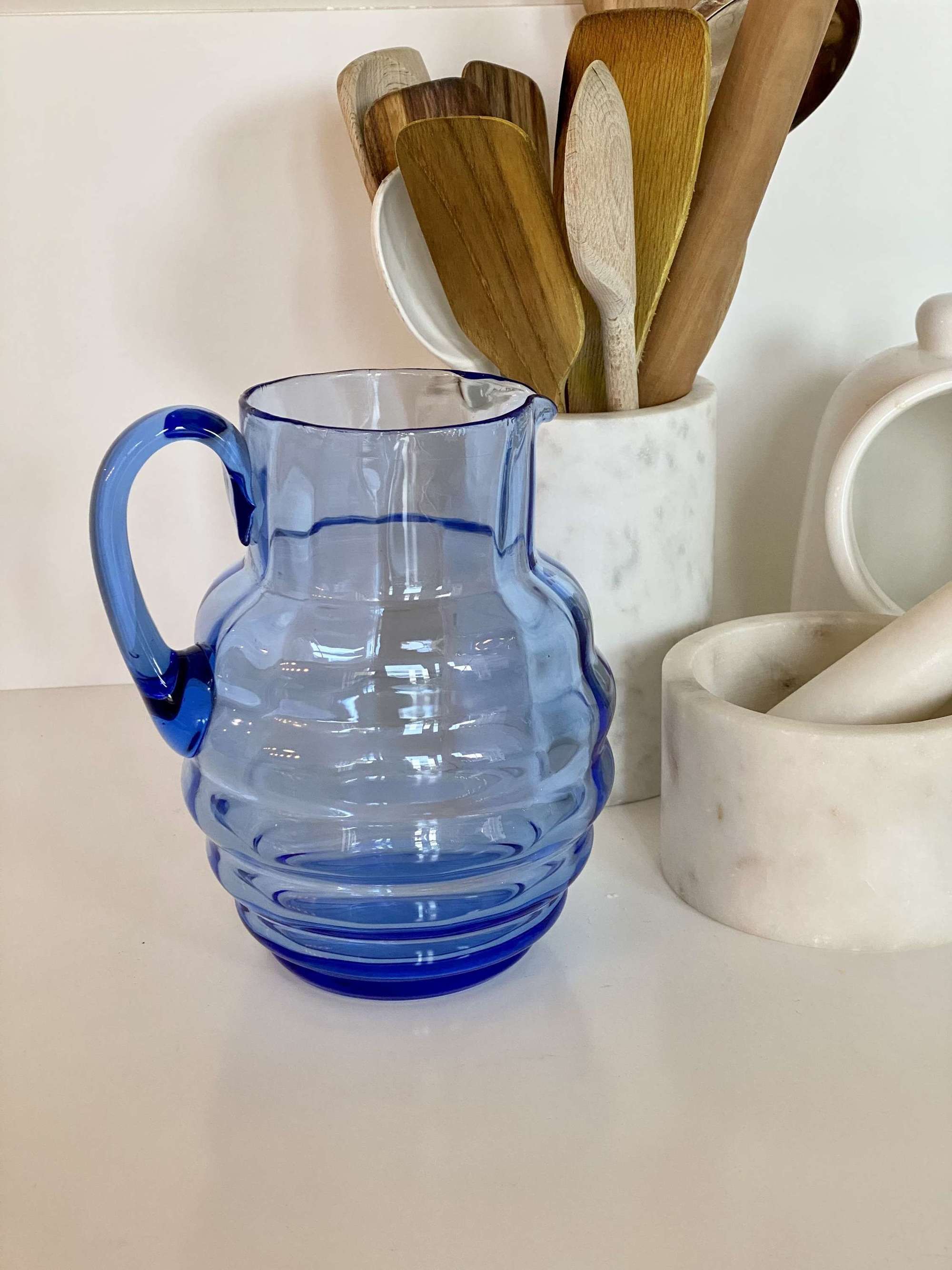 English Art Deco blue ribbed glass jug