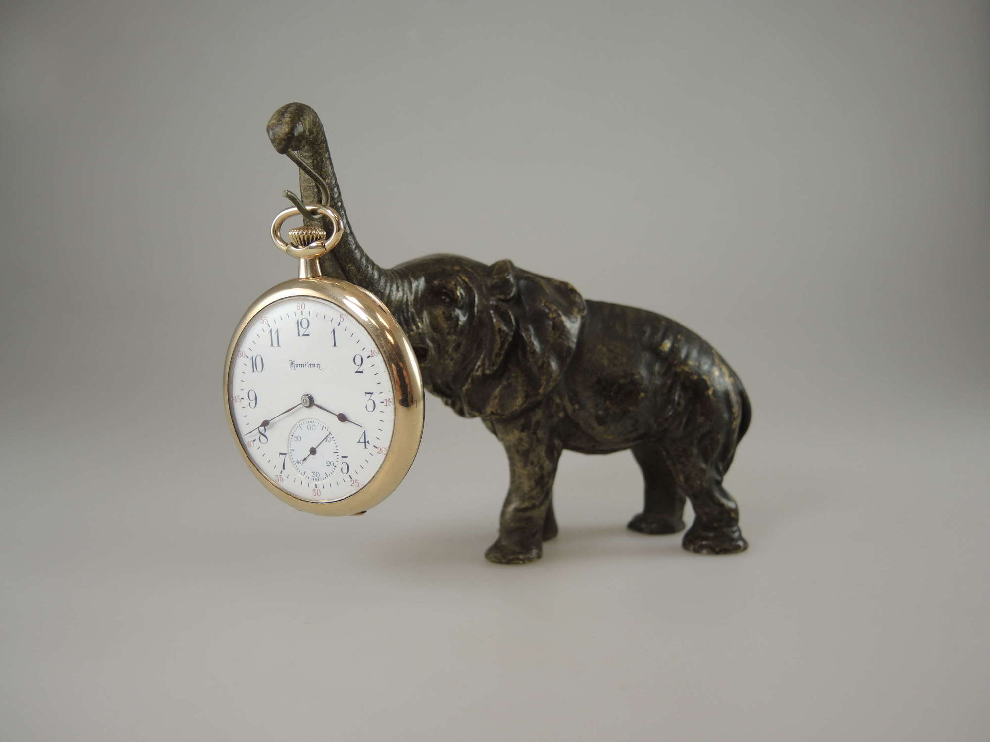 Bronze elephant pocket watch stand c1890