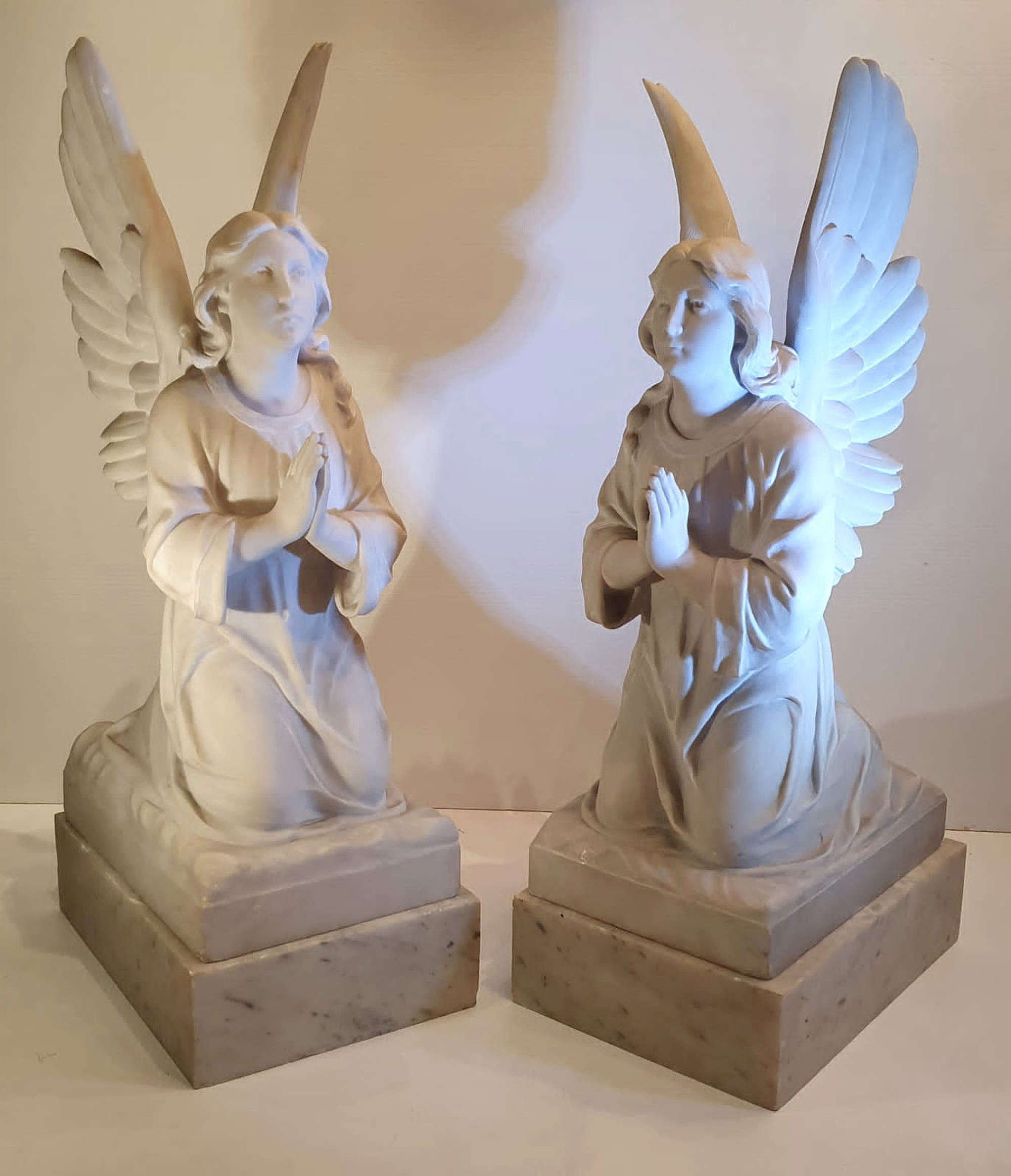 Pair Of 19th Century White Marble Statues Of Angels