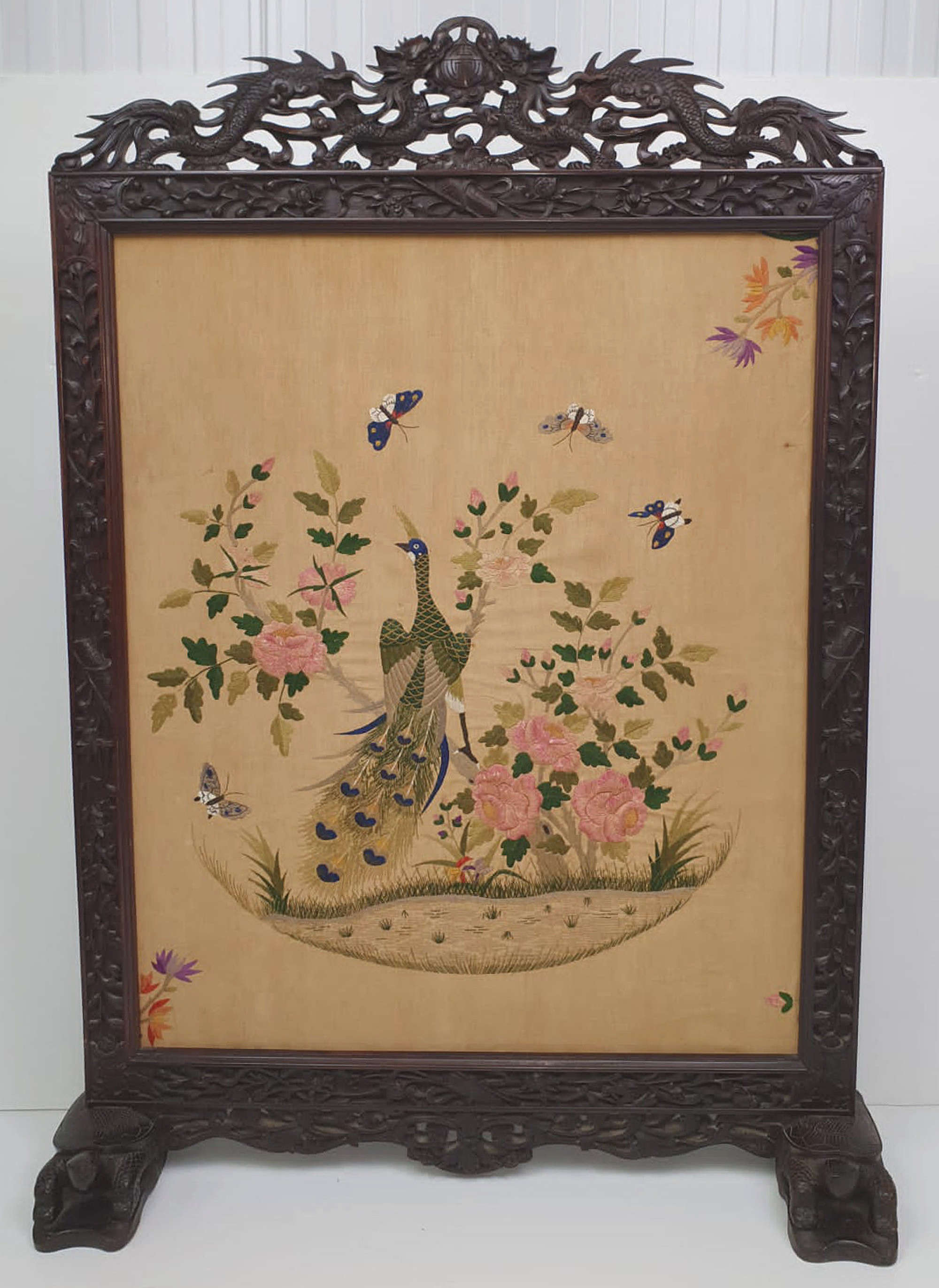 19th Century Chinese Mahogany Fire Screen With Silk Embroidered Panel