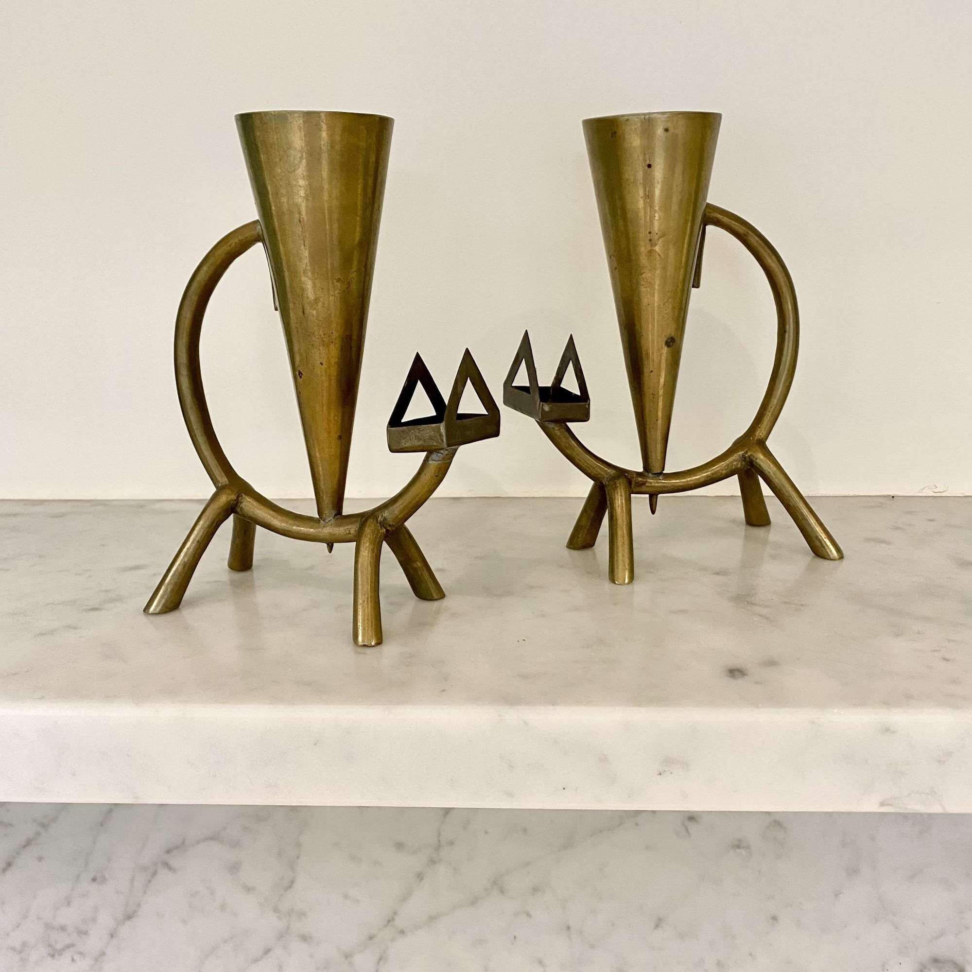Pair of Art Deco Cat brass candlesticks and match holders