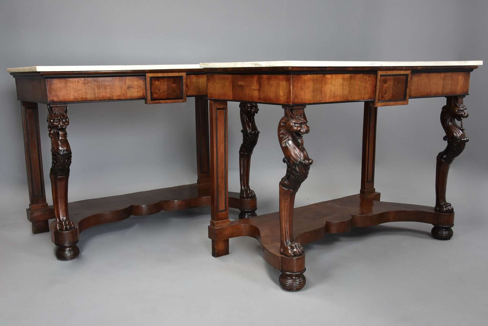 Rare pair of early 19th century Italian walnut console tables