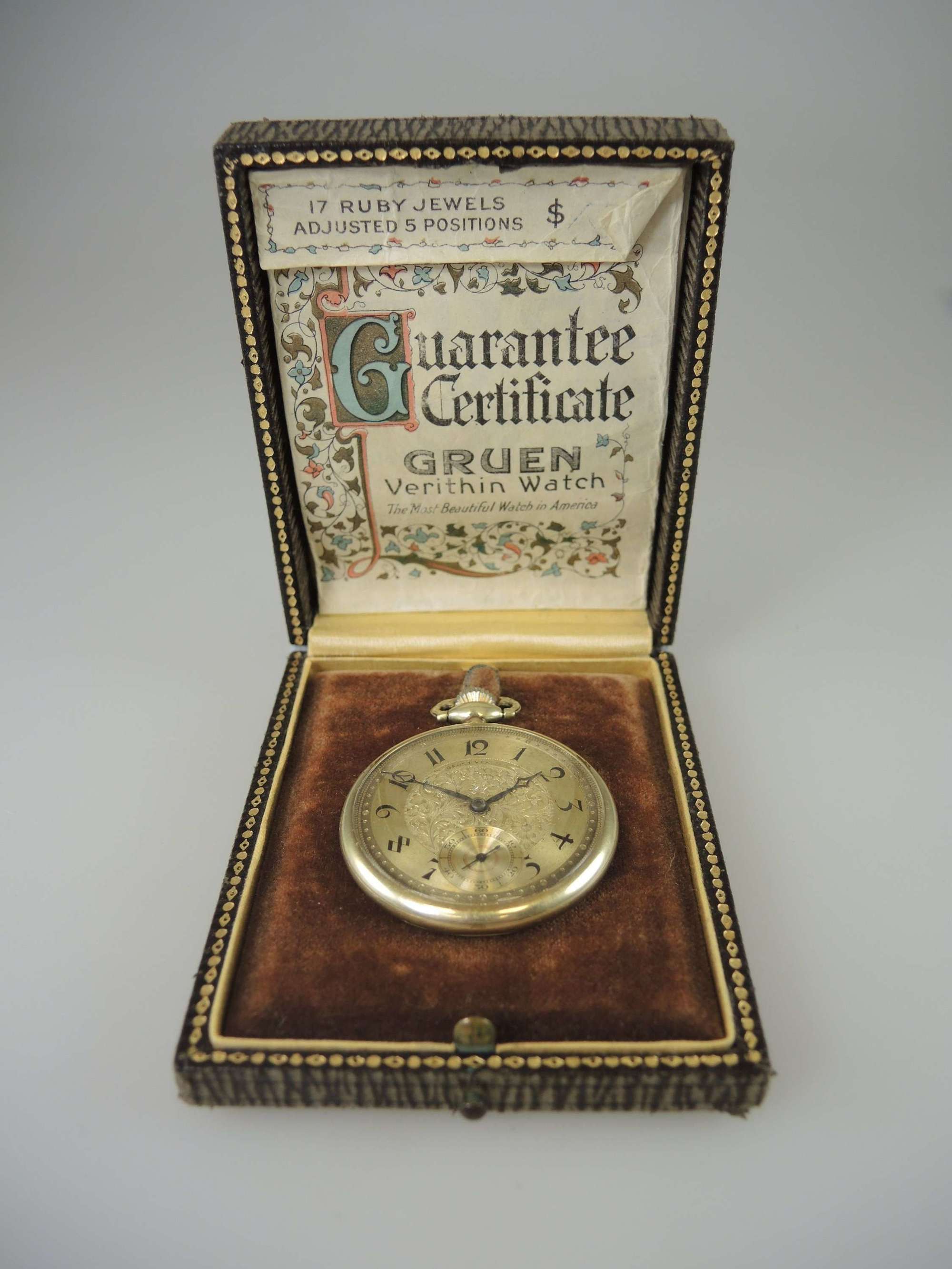 14K gold Gruen Verithin pocket watch with box c1920