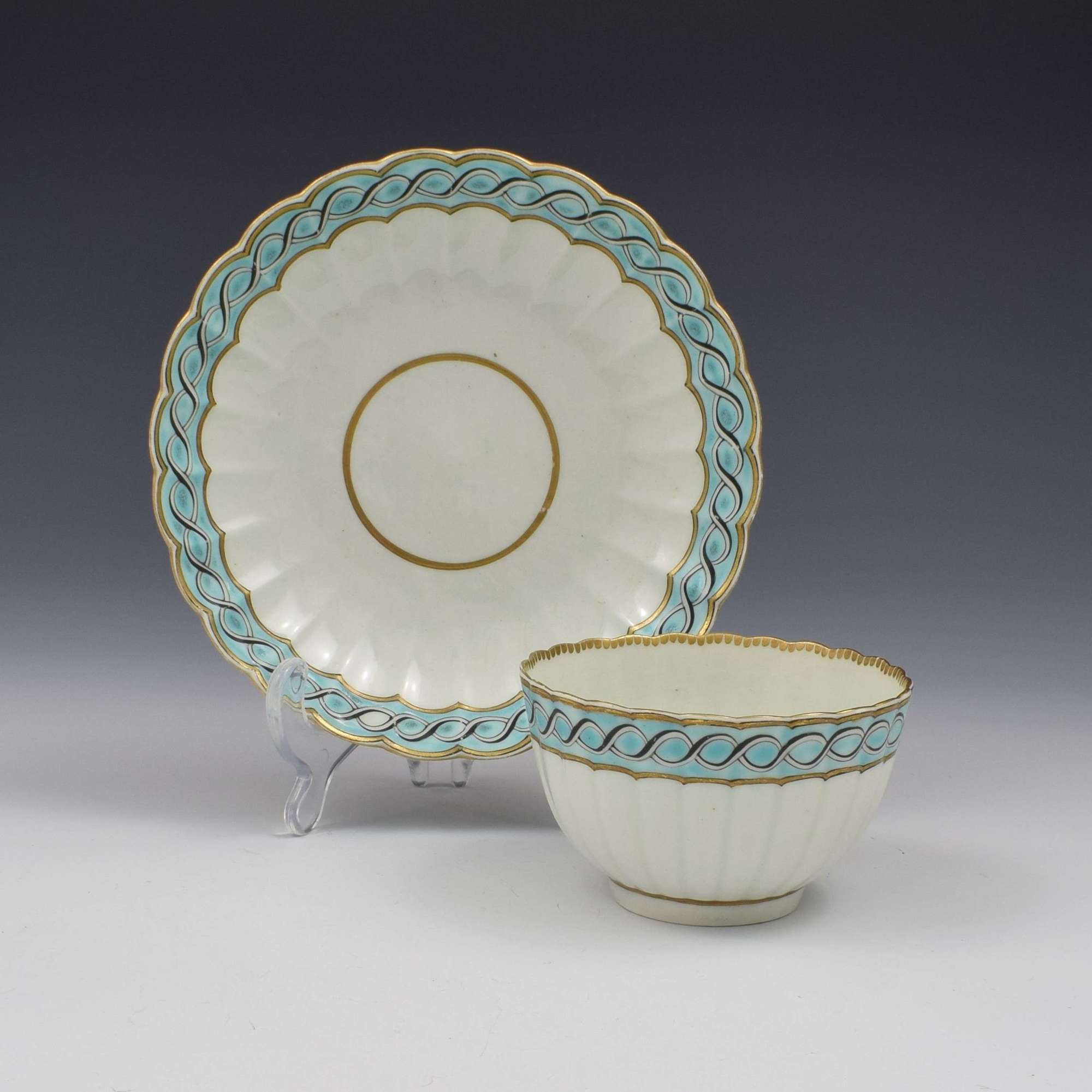 First Period Worcester Porcelain Fluted Tea Bowl & Saucer c.1770