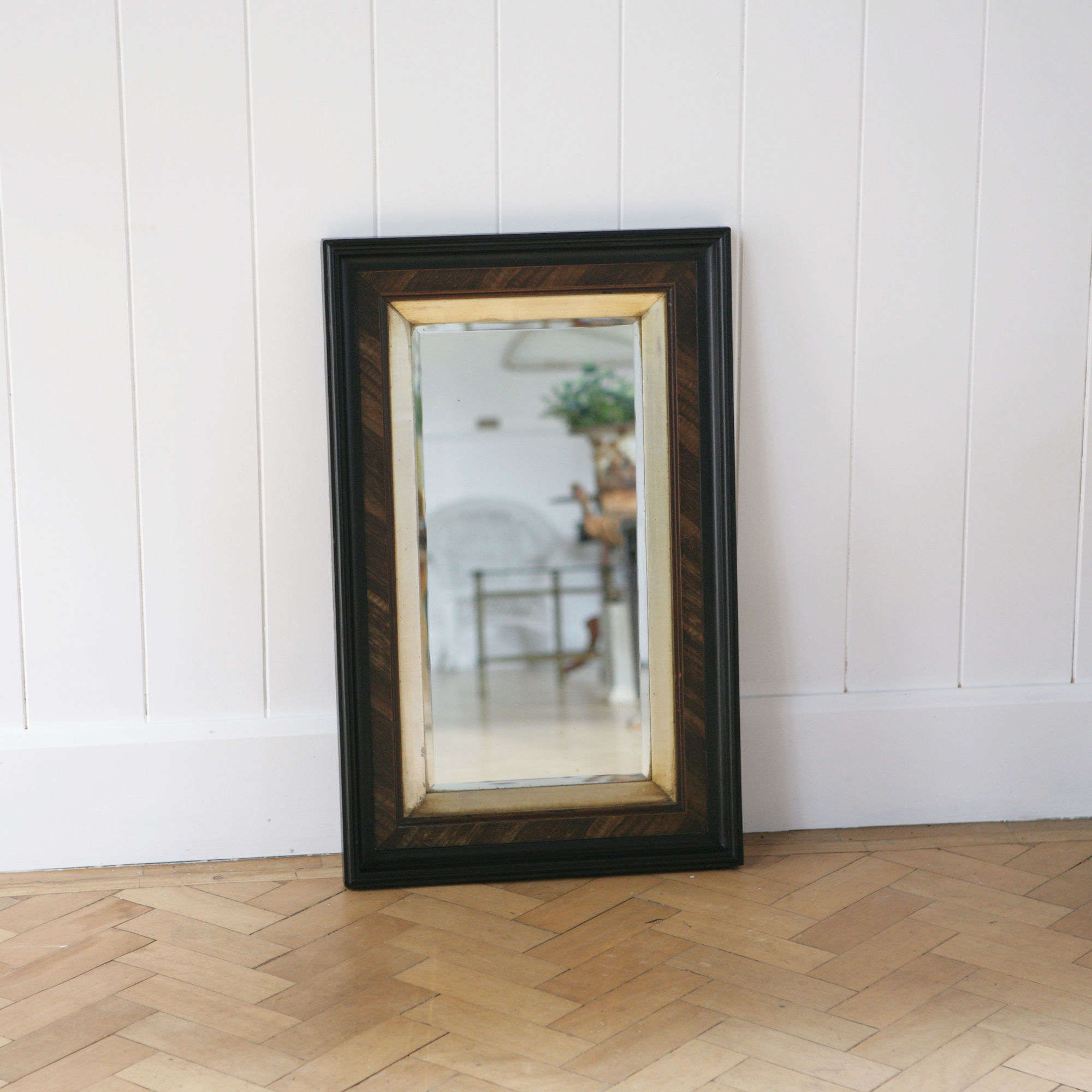 Ebonised And Flame Mahogany Veneered Wall Antique Mirror With Original Plate.