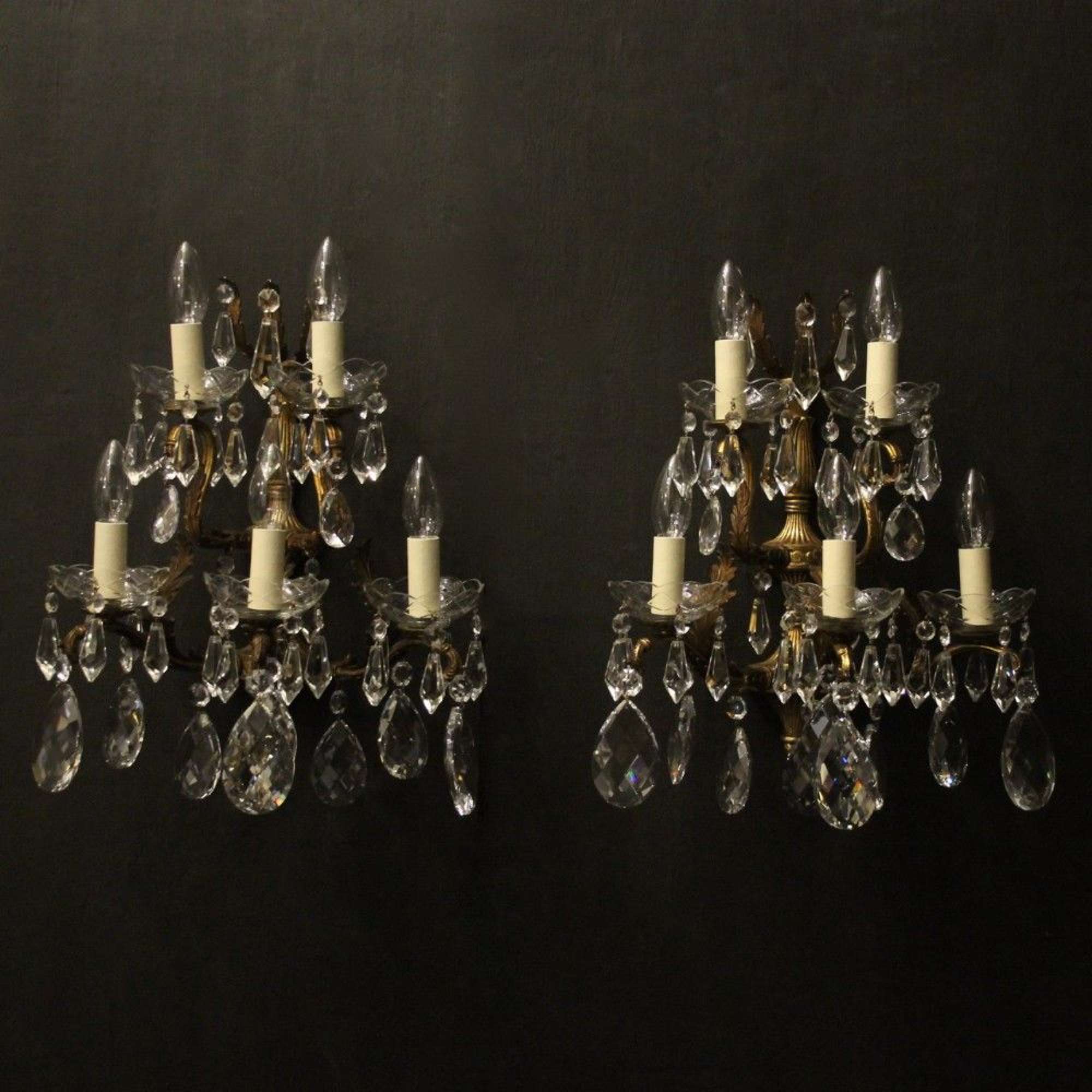 French Pair Of Bronze & Crystal 5 Arm Antique Wall Lights
