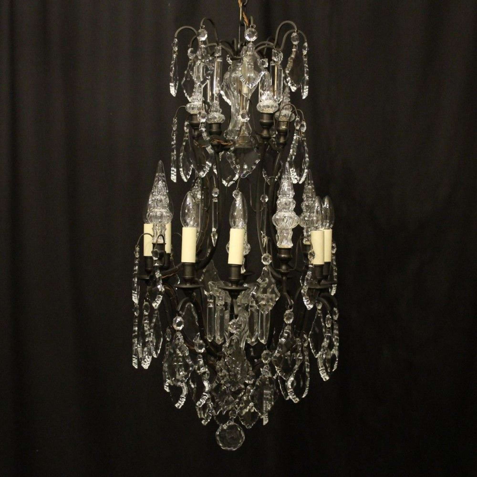 French Bronze & Crystal 8 Light Cage Chandelier