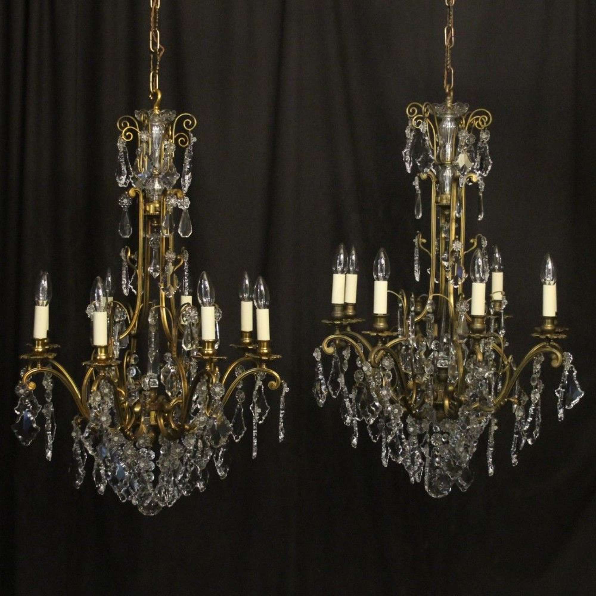 French Pair Of Bronze & Crystal 8 Light Antique Chandeliers